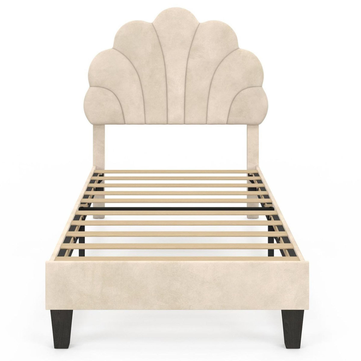 ID MARKET Lit simple coquillage 90 x 190 cm AMANDA avec sommier velours beige