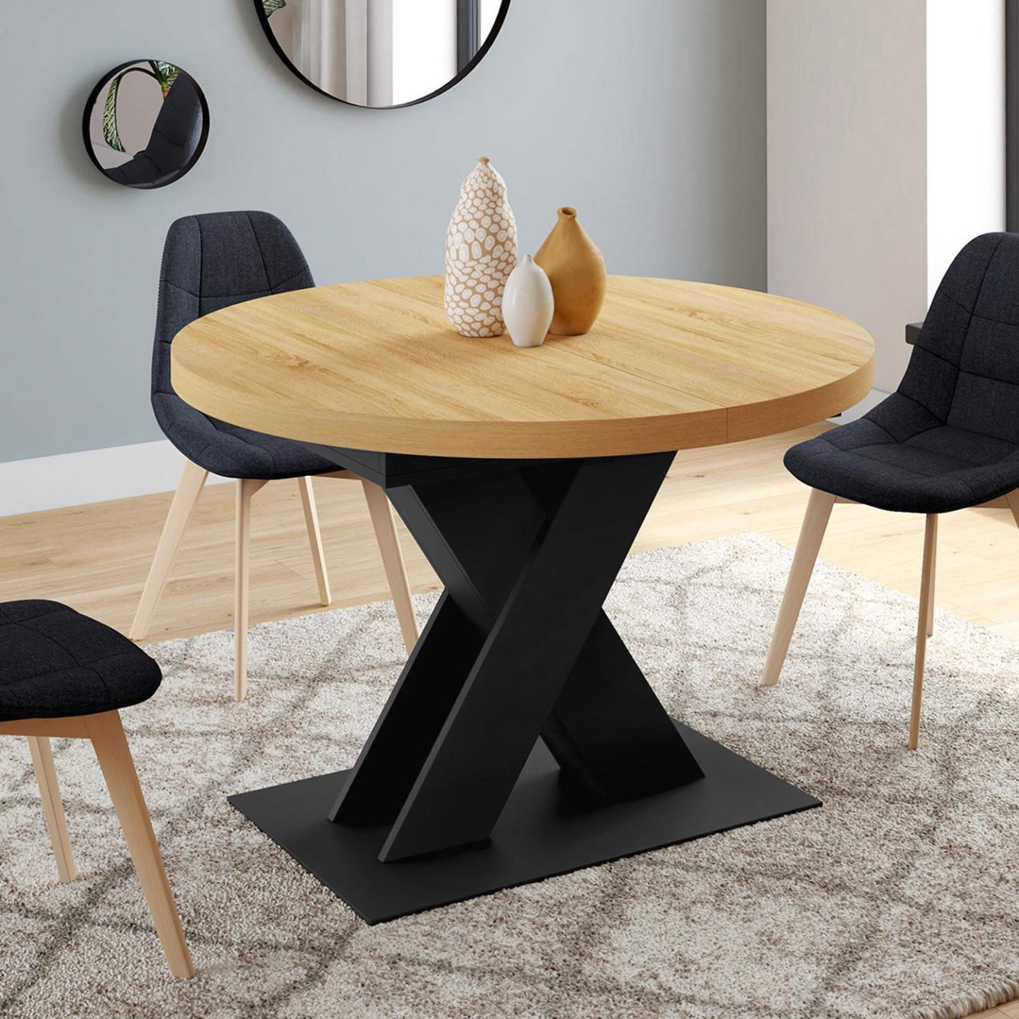 Voir la diapositive 4 : ID MARKET Table à manger extensible ronde alicia 4-8 personnes bois et noir 110 - 150 cm