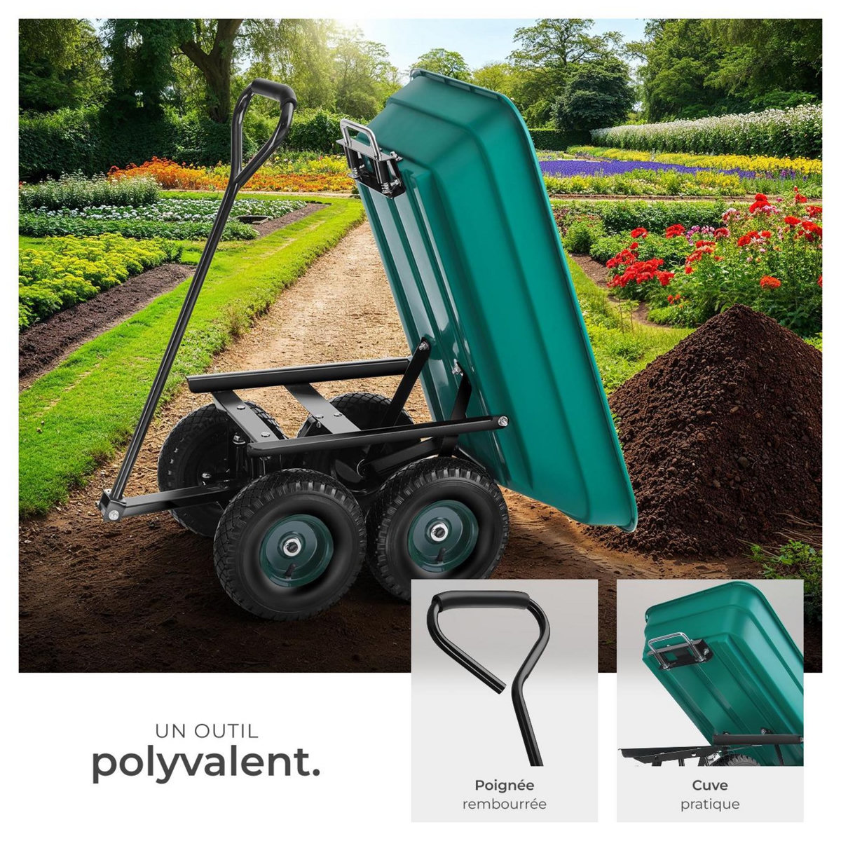 tectake Chariot de jardin et de transport avec fonction d'inclinaison vert