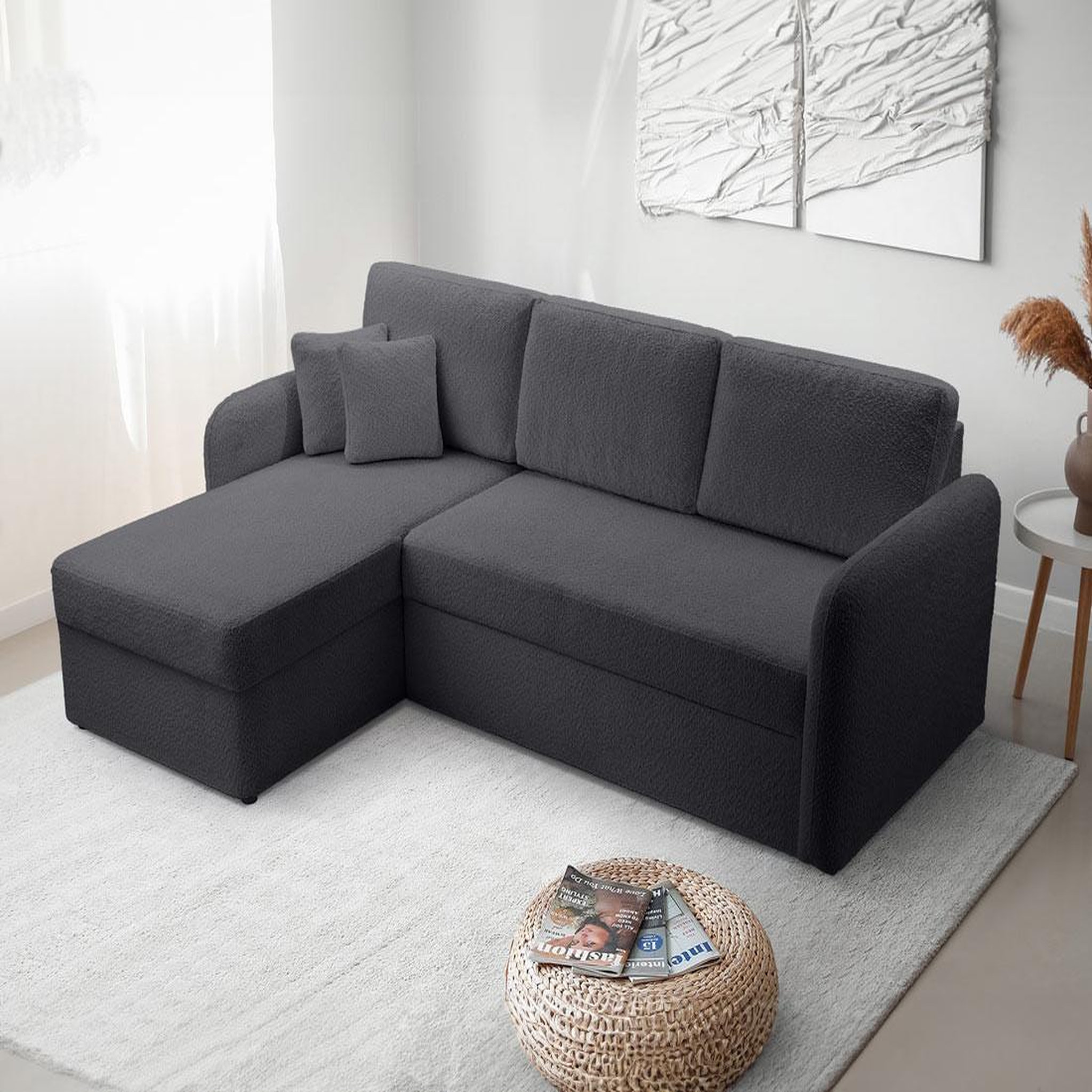 Voir la diapositive 1 : BEST MOBILIER Pocatello - canapé d'angle réversible 4 places - convertible avec coffre - en tissu bouclette