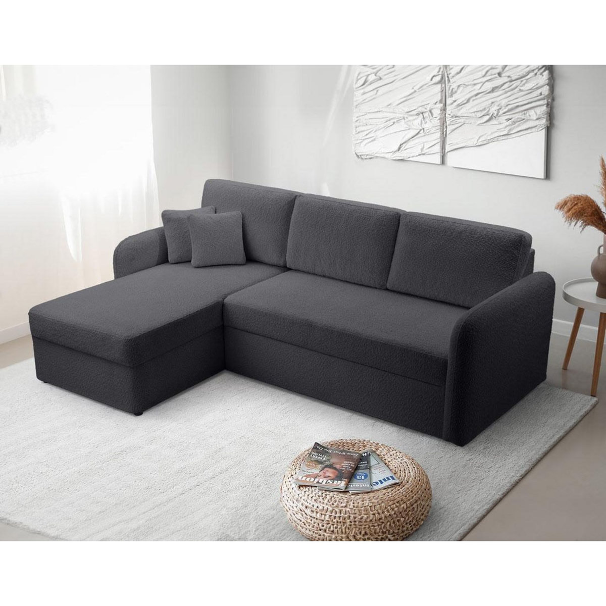 BEST MOBILIER Pocatello - canapé d'angle réversible 4 places - convertible avec coffre - en tissu bouclette