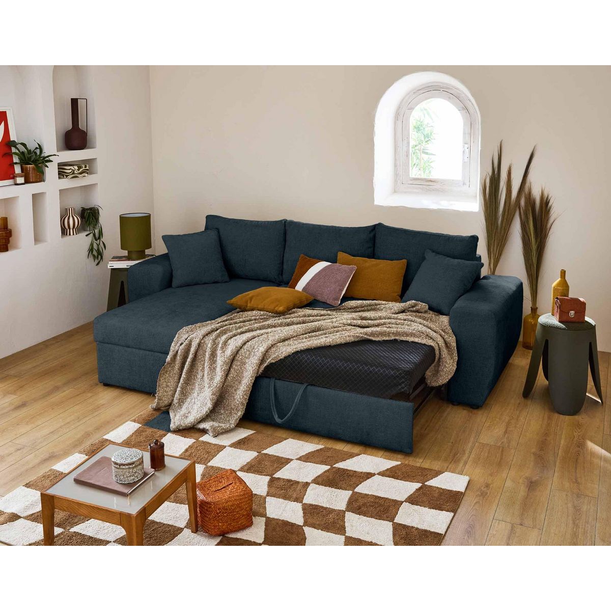 BEST MOBILIER Milan - canapé d'angle réversible 4 places - convertible avec coffre - en velours texturé