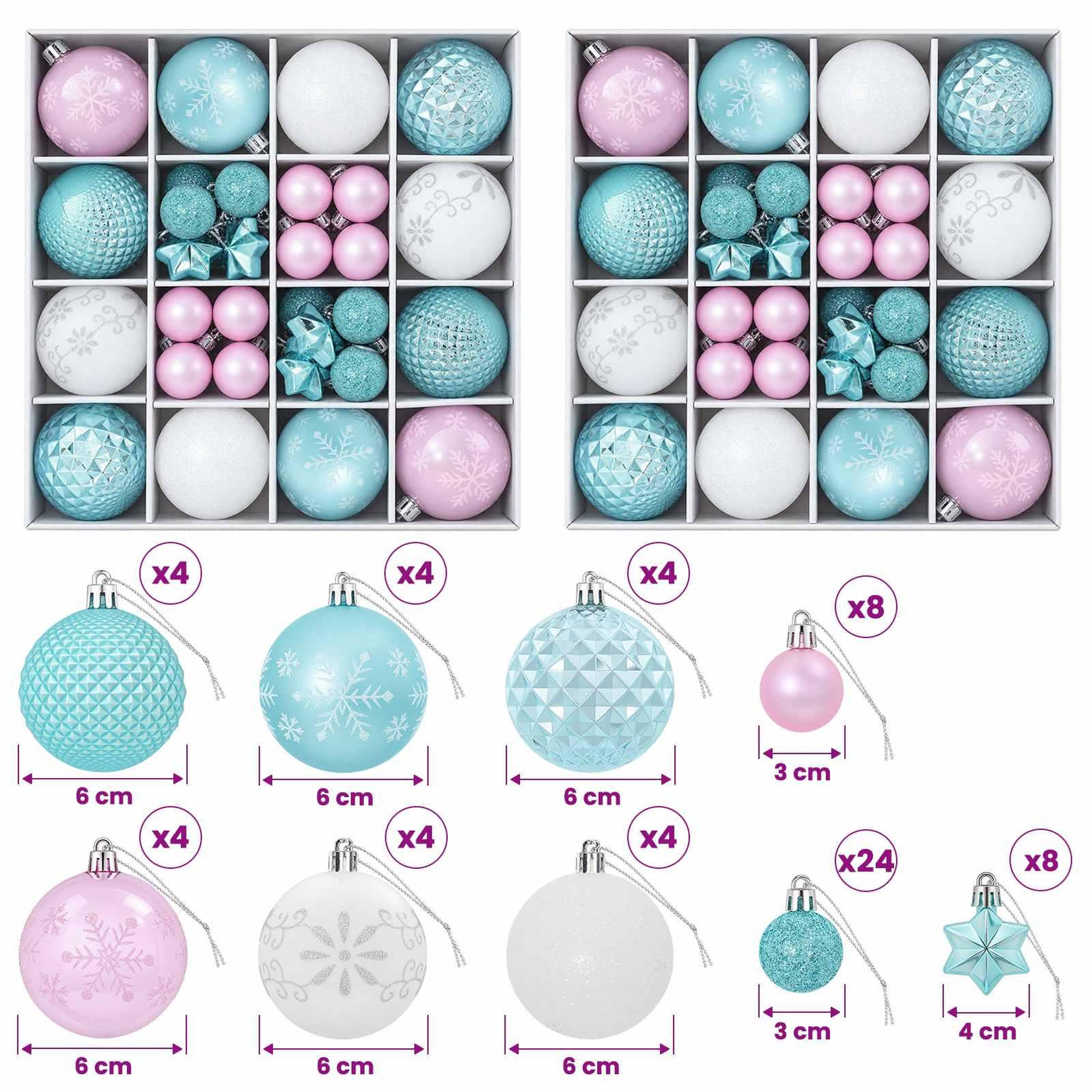 Voir la diapositive 3 : VIDAXL Ensemble de boules de Noël 88 pc Turquoise, rose et blanc
