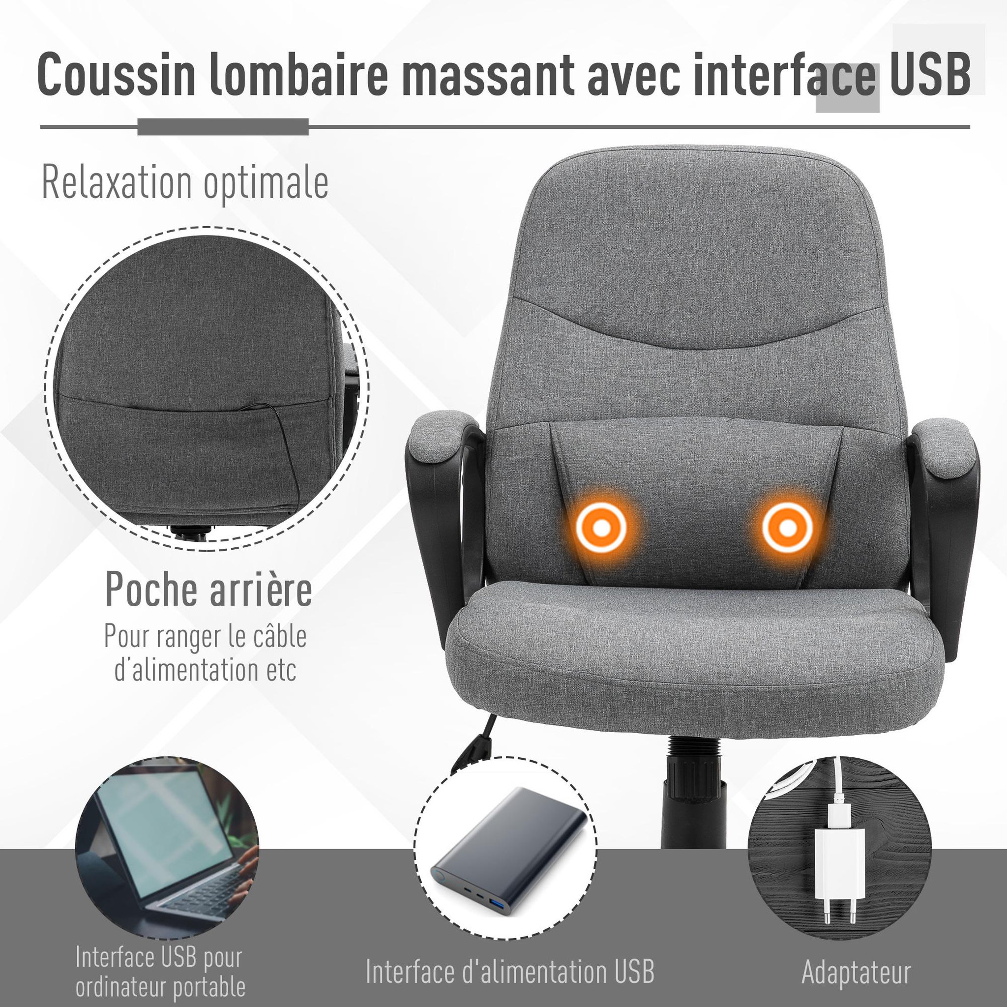 Voir la diapositive 4 : VINSETTO Vinsetto Chaise de bureau fauteuil bureau massant pivotant hauteur réglable tissu lin gris