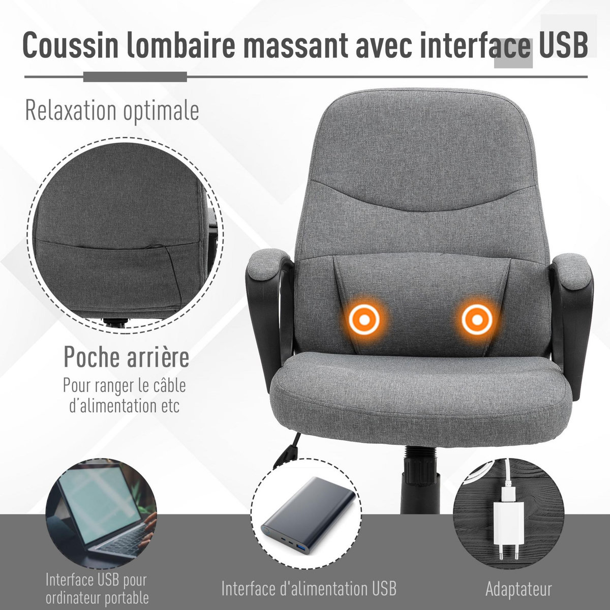 VINSETTO Vinsetto Chaise de bureau fauteuil bureau massant pivotant hauteur réglable tissu lin gris