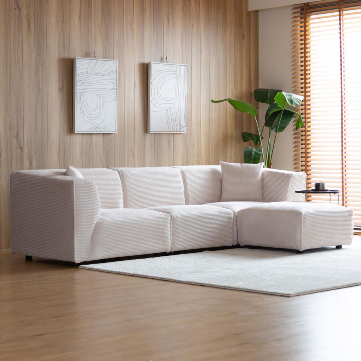 CONCEPT USINE Canapé modulable 3 places + 1 pouf velours côtelé beige MONROE