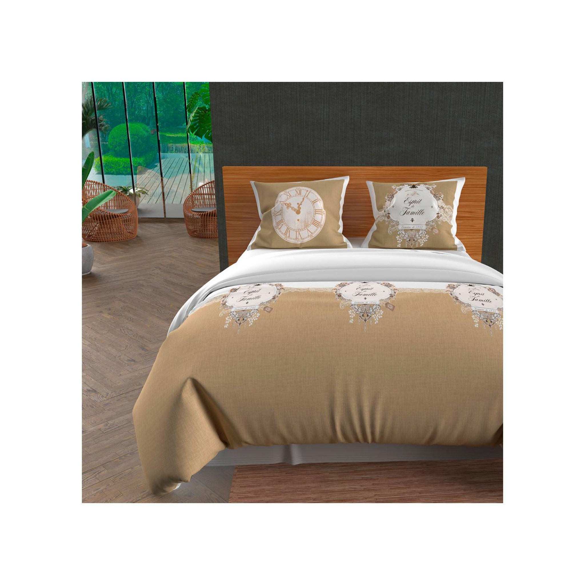 SOLEIL D'OCRE Parure housse de couette 260x240 cm en coton 57 fils esprit de famille taupe, par soleil d'ocre