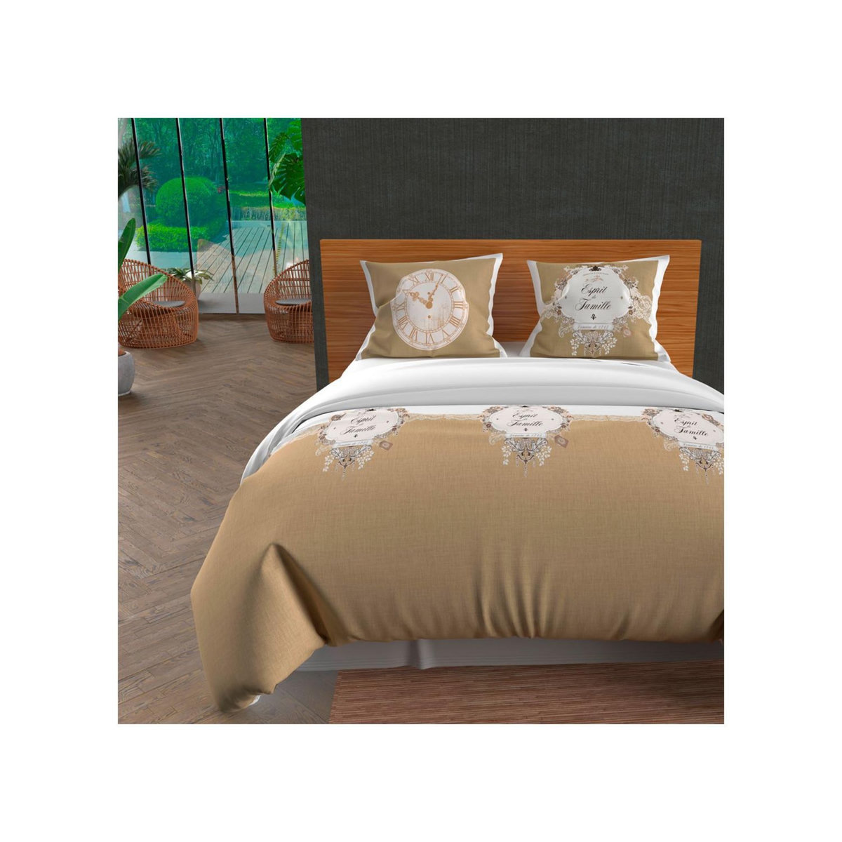 SOLEIL D'OCRE Parure housse de couette 260x240 cm en coton 57 Fils ESPRIT DE FAMILLE taupe, par Soleil d'ocre