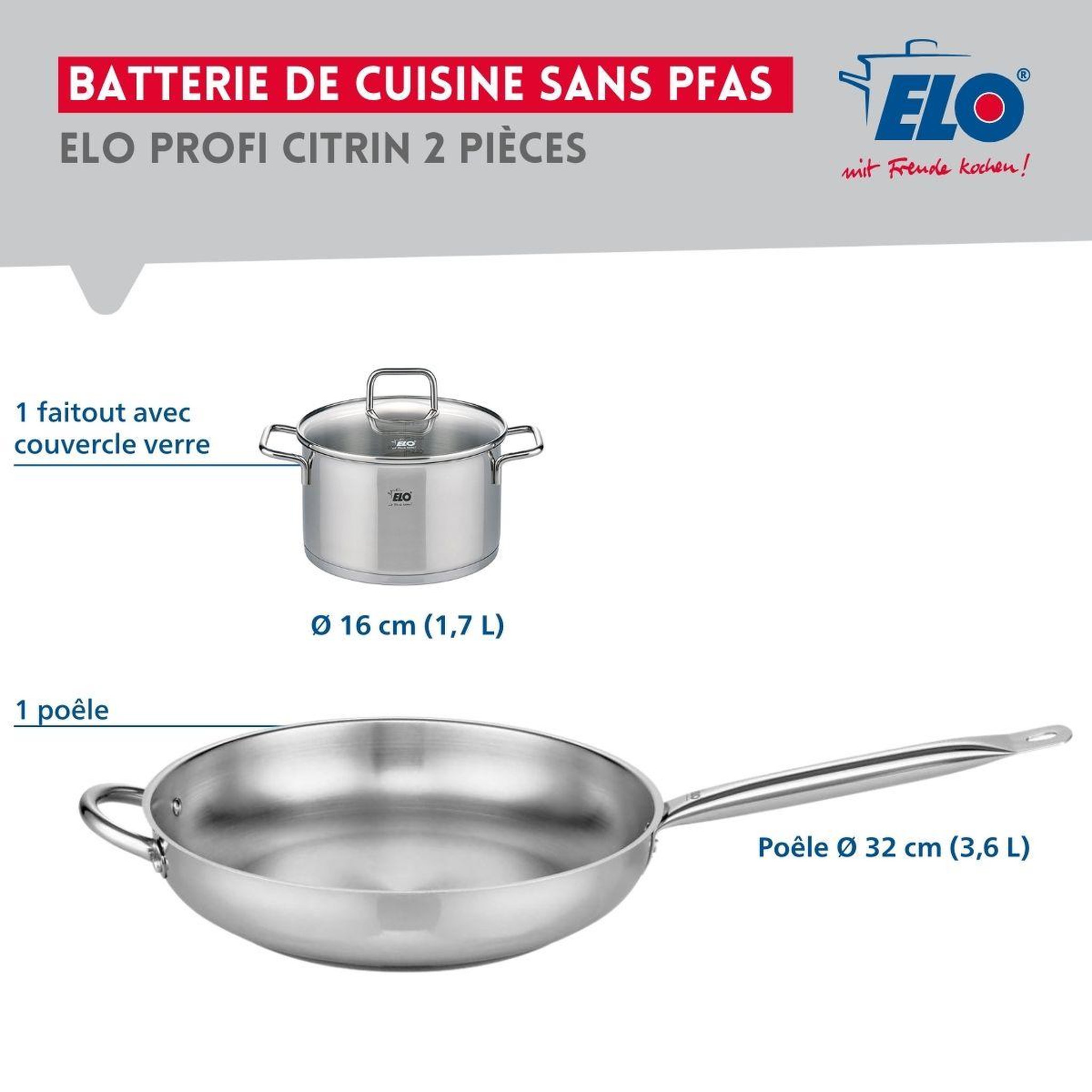 Voir la diapositive 2 : ELO Ensemble de 1 poêle de cuisson 32 cm et 1 faitout 16 cm elo profi citrin