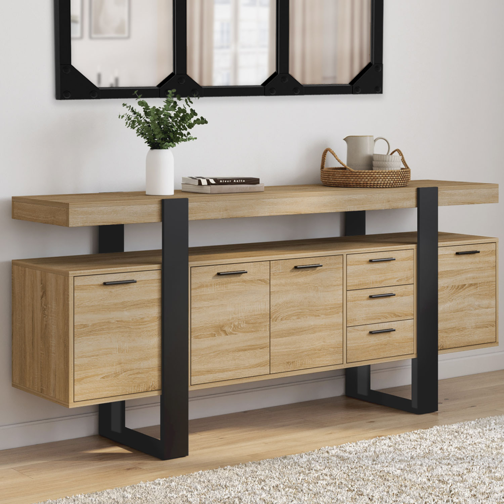 Voir la diapositive 2 : ID MARKET Buffet 180 cm phoenix xxl 4 portes avec 3 tiroirs bois et noir