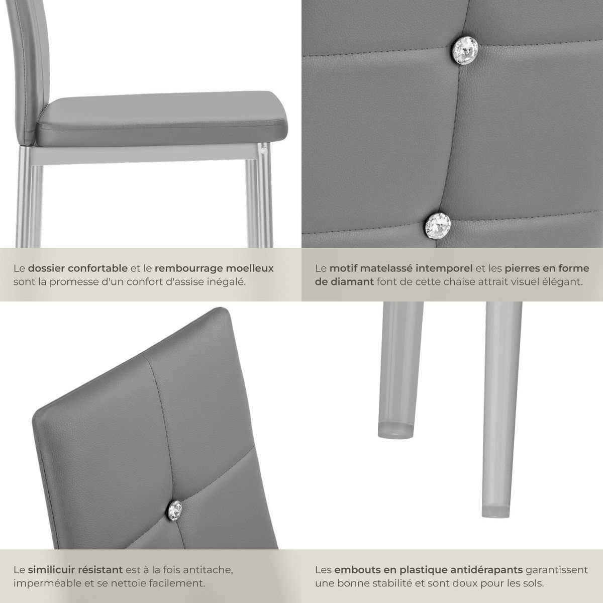 tectake Ensemble de chaises de salle à manger rembourré avec revêtement aspect cuir gris Lot de 4