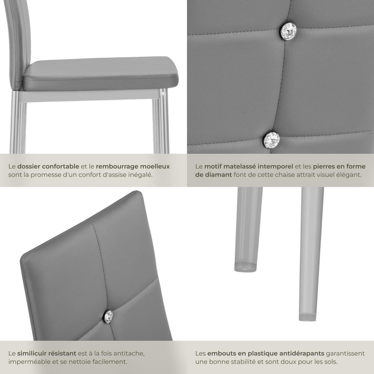 tectake Ensemble de chaises de salle à manger rembourré avec revêtement aspect cuir gris Lot de 4