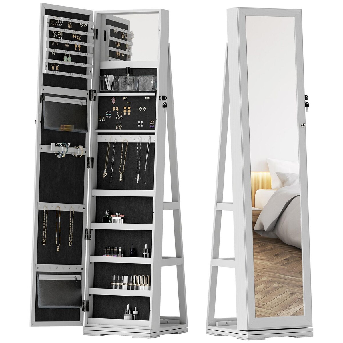 HOMCOM Armoire à bijoux pivotante verrouillable avec miroir - armoire bijoux multi-rangement - MDF gris clair