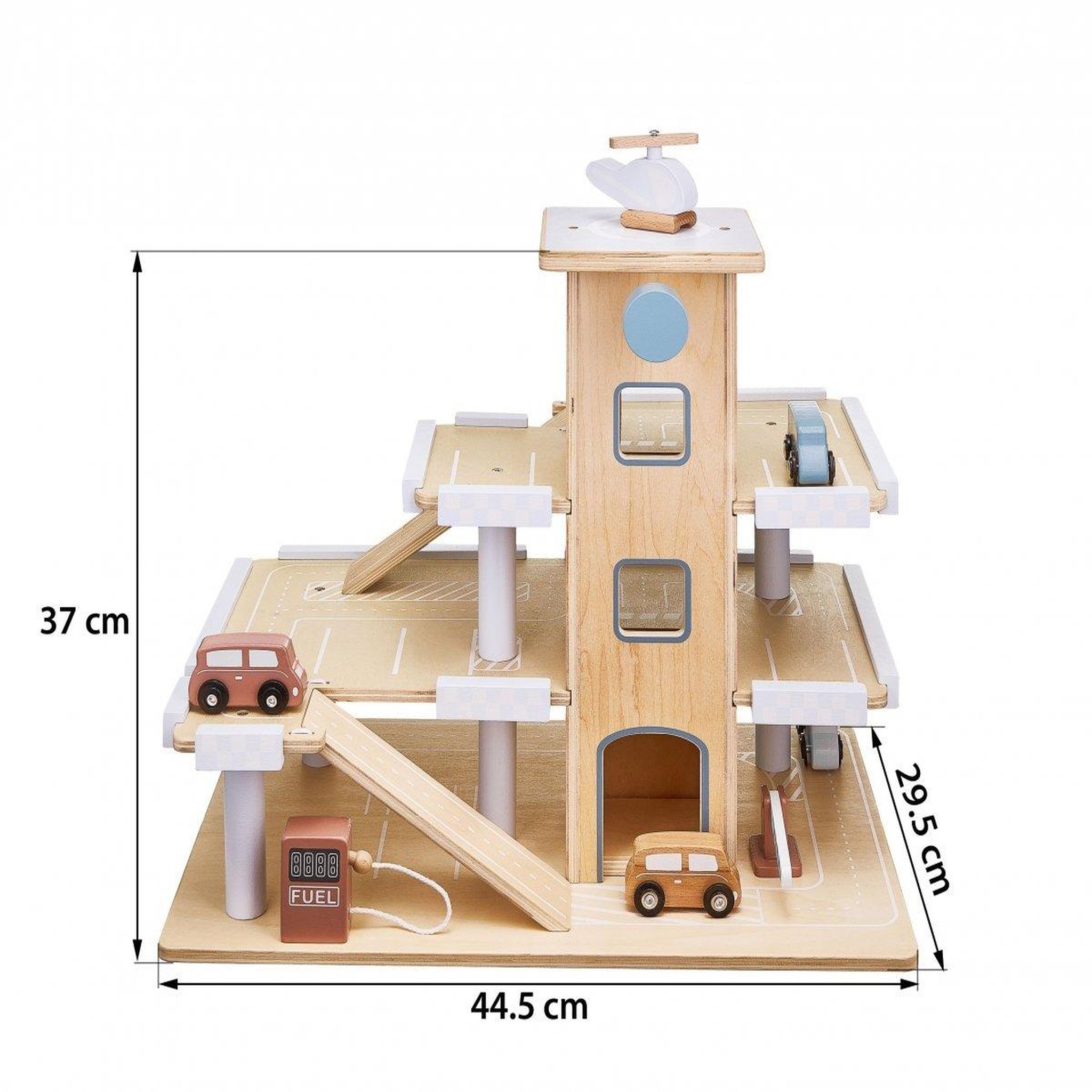 Voir la diapositive 4 : MAMABRUM Garage en Bois – Parking avec Piste d'Atterrissage 4 Voitures 1 Hélicoptère 1 Pompe à Essence