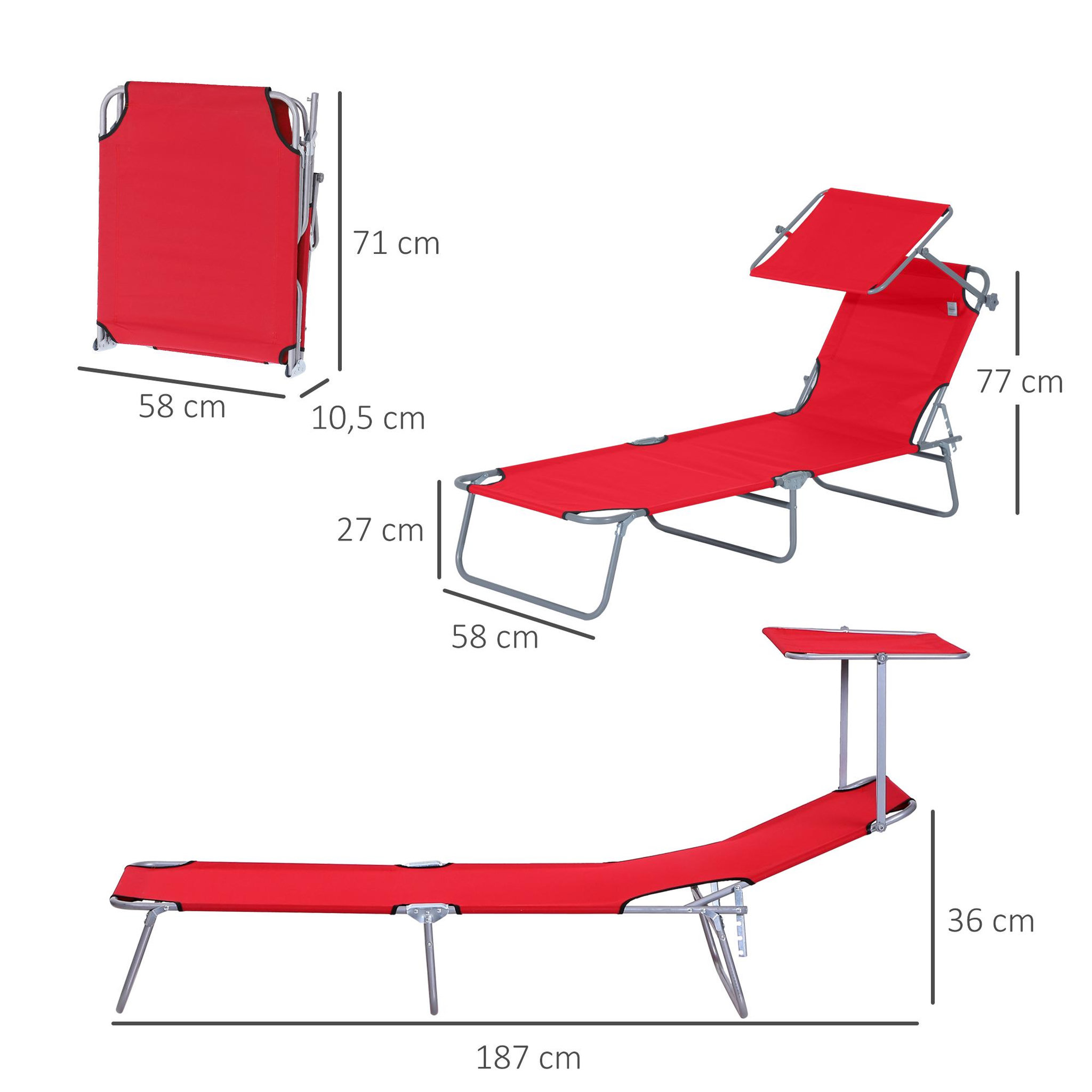 Voir la diapositive 3 : OUTSUNNY Transat bain de soleil pliable grand confort dossier et pare-soleil réglable multi-positions rouge