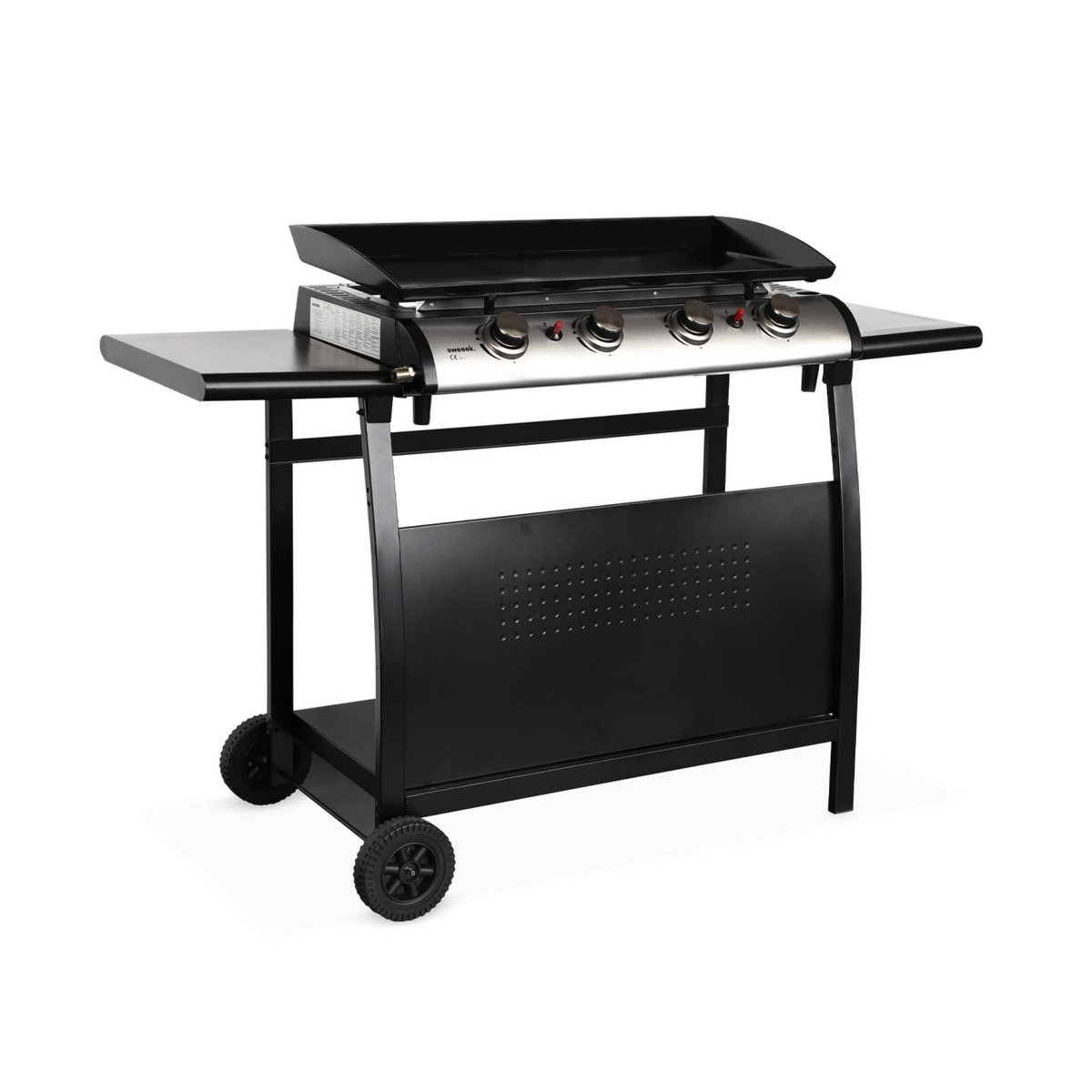 SWEEEK Plancha au gaz 4 brûleurs sur chariot - Porthos - 10kW. plancha à gaz avec desserte . cuisine extérieure. plaque émaillée. inox. barbecue