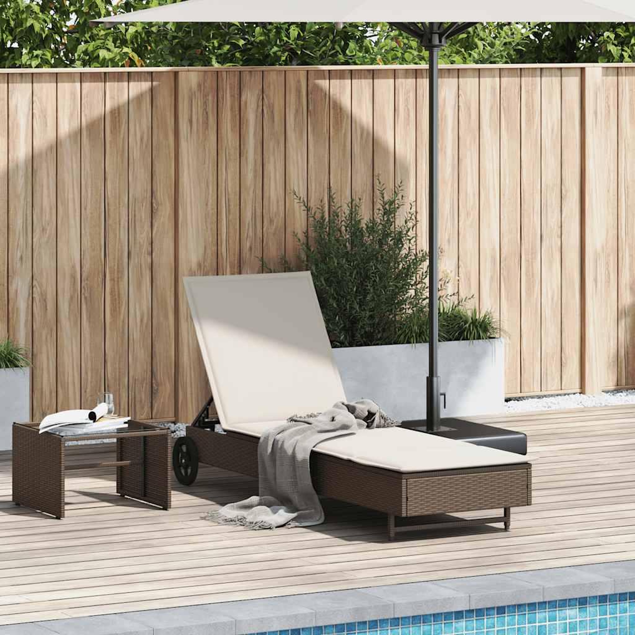 VIDAXL Chaise longue avec roues et coussin marron resine tressee