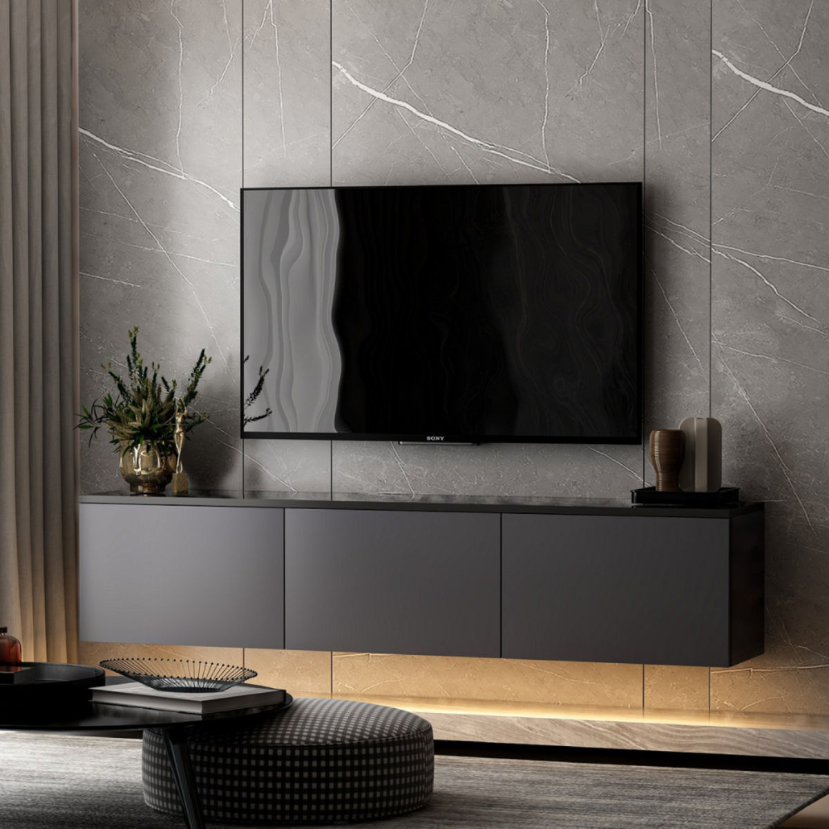 CONCEPT USINE Meuble TV contemporain anthracite avec rangement 160 cm NAEL