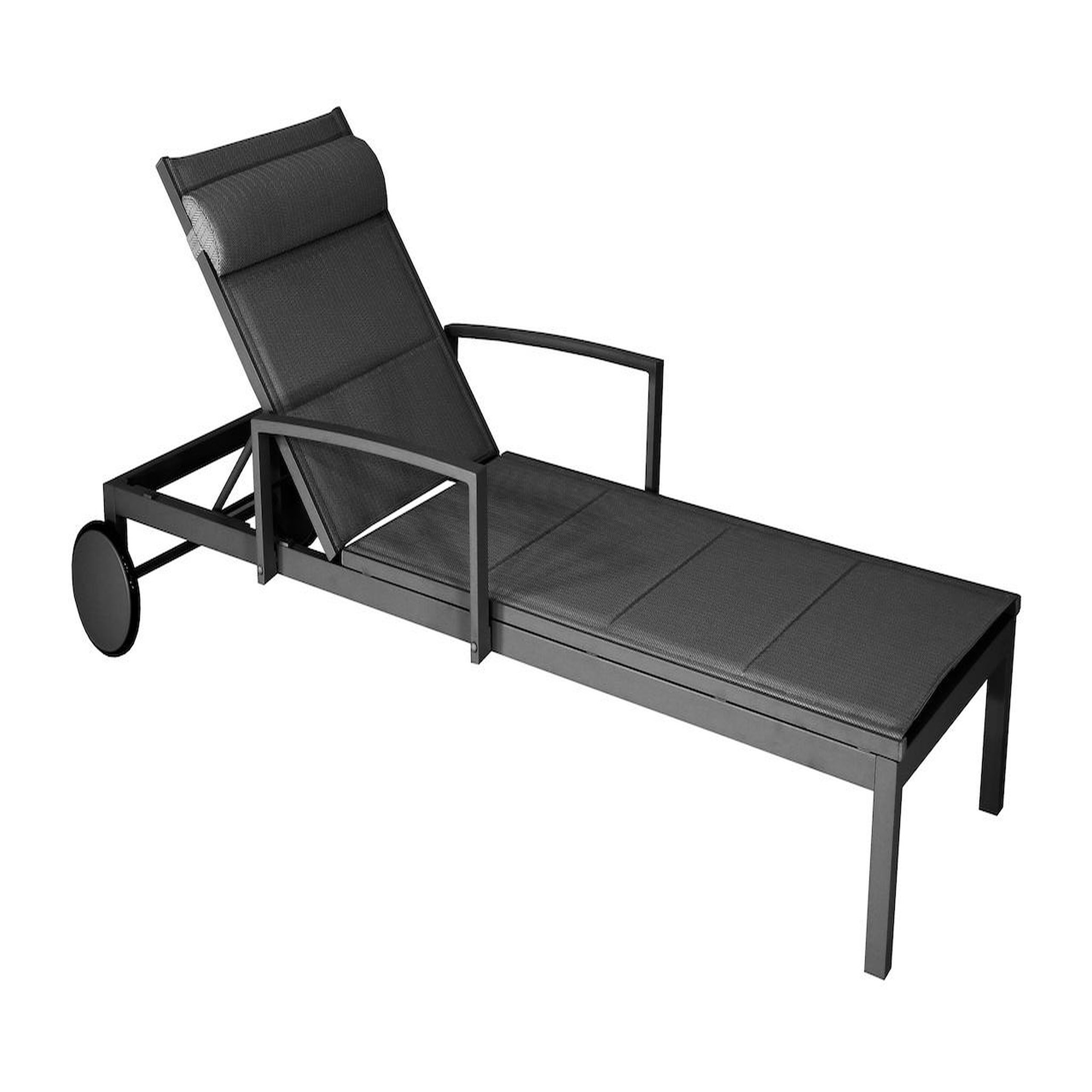 Proloisirs Lit de relaxation en aluminium et TPEP matelassé - NINA - Dossier réglable avec accoudoirs et roues - Coloris graphite et chevron