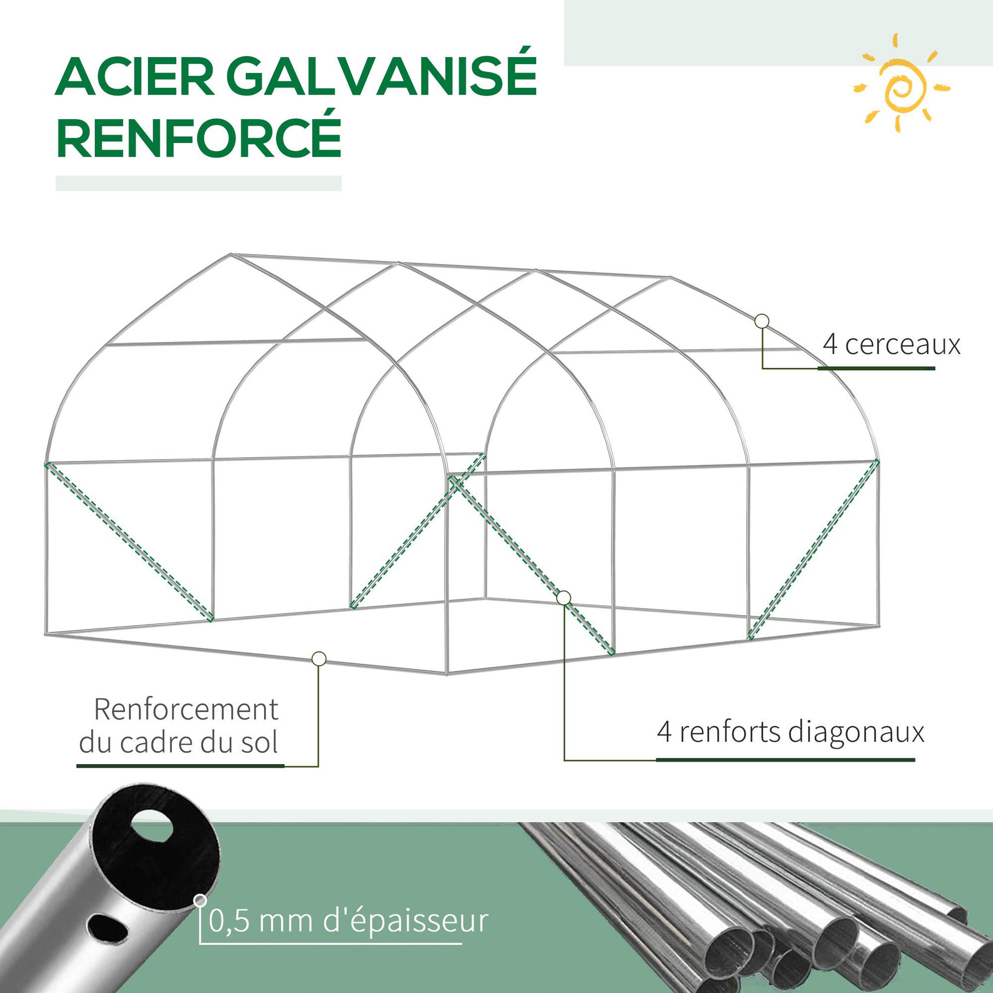 Voir la diapositive 6 : OUTSUNNY Serre de jardin tunnel 10,4 m² - 6 fenêtres et porte zippée avec moustiquaires - acier galvanisé pe vert