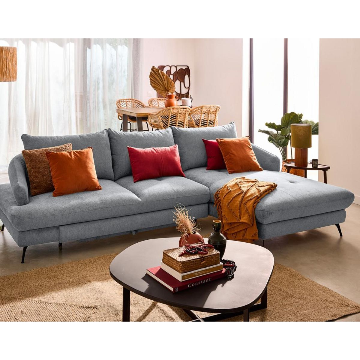 LISA DESIGN Ninon - canapé d'angle droit 4 places convertible avec coffre en tissu texturé