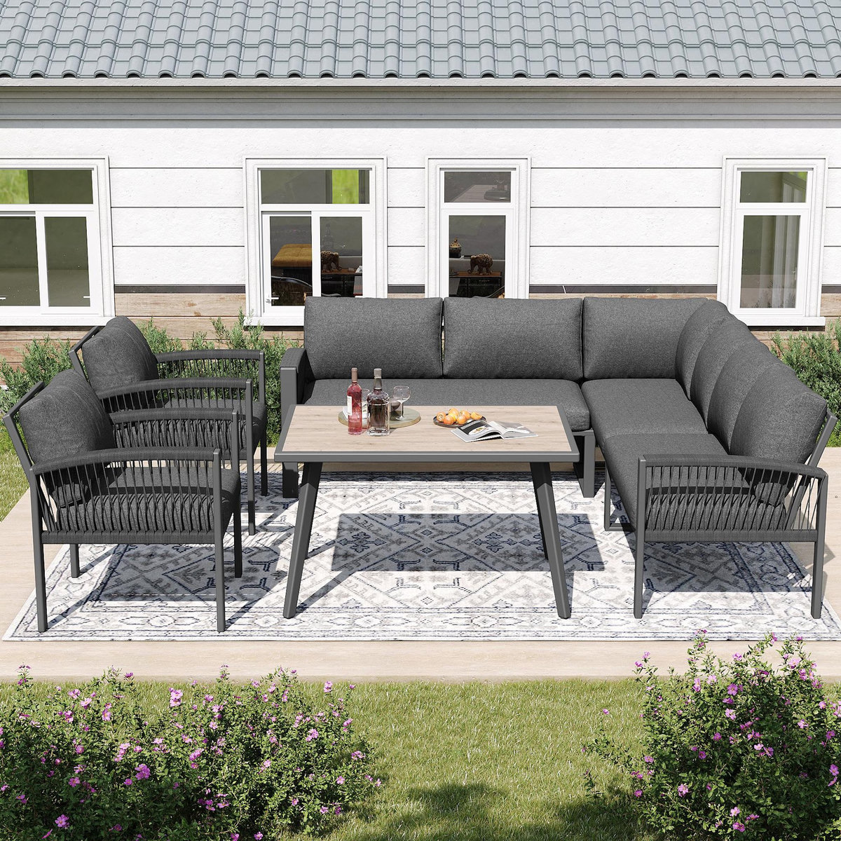 MERAX Salon de jardin 8 places en fer avec table aspect bois, pieds réglables, coussins fournis, gris