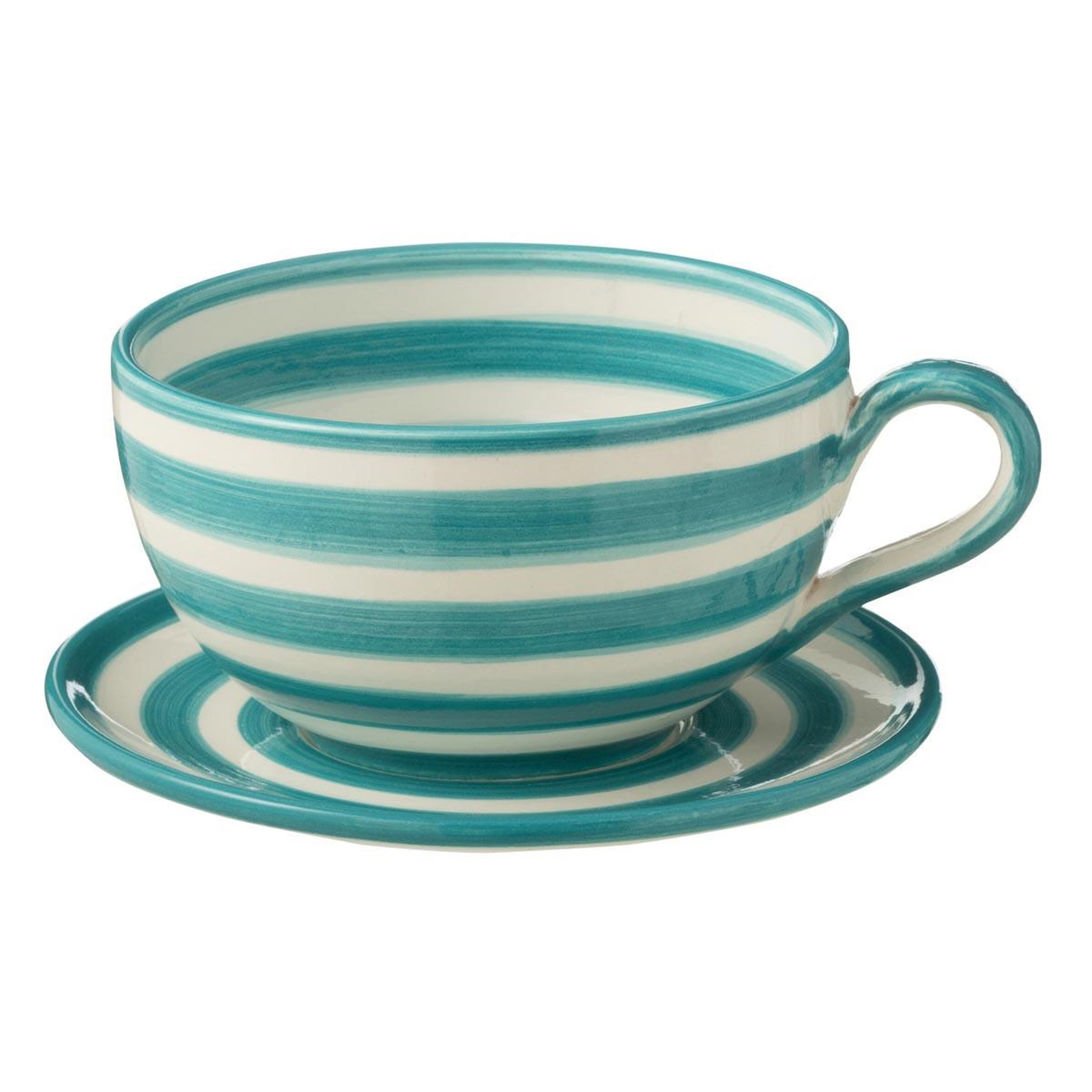 J-LINE Tasse avec sous-tasse en céramique  granada rayure  50cl bleu aqua