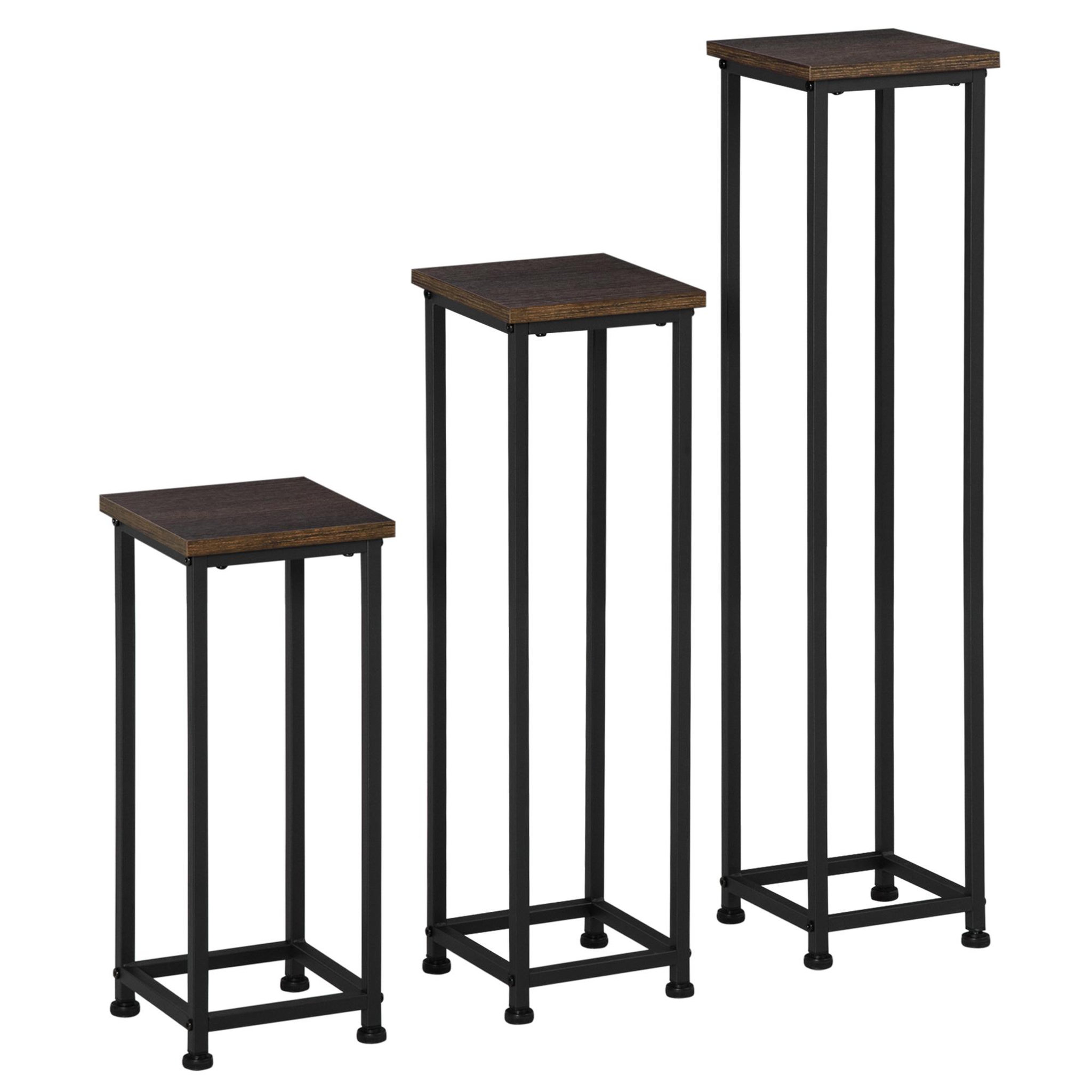 Voir la diapositive 1 : OUTSUNNY Support pots de fleurs 3 pièces - lot de 3 étagères à fleurs - portes plantes - acier époxy noir plateaux aspect bois de noyer