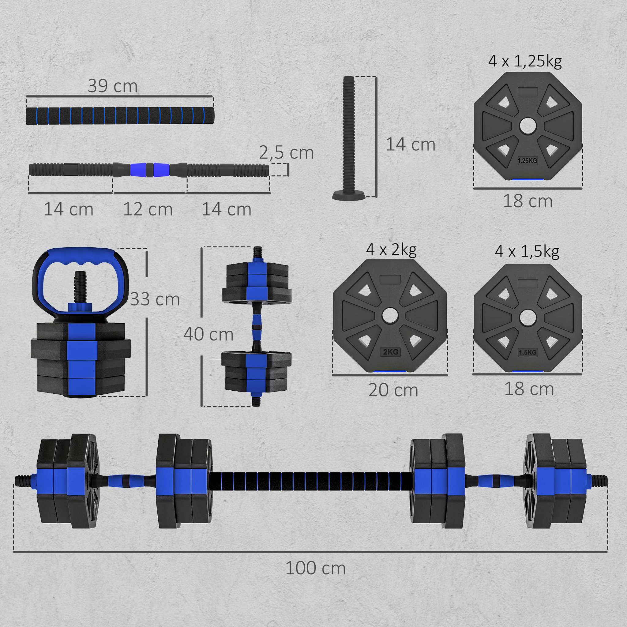 Voir la diapositive 3 : HOMCOM Ensemble d'haltères musculation multifonction 4 en 1 - haltères, kettlebell, push-up support, olympic barre - total 20kg - pvc bleu noir