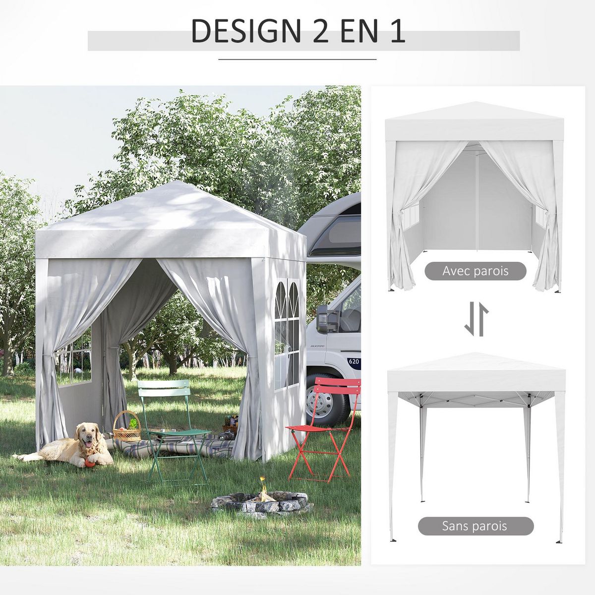 OUTSUNNY Tonnelle de jardin tente pliante barnum pop-up 2 x 2 m 4 parois latérales amovibles 2 fenêtres sac de transport pour camping, festival, plage, jardin, blanc
