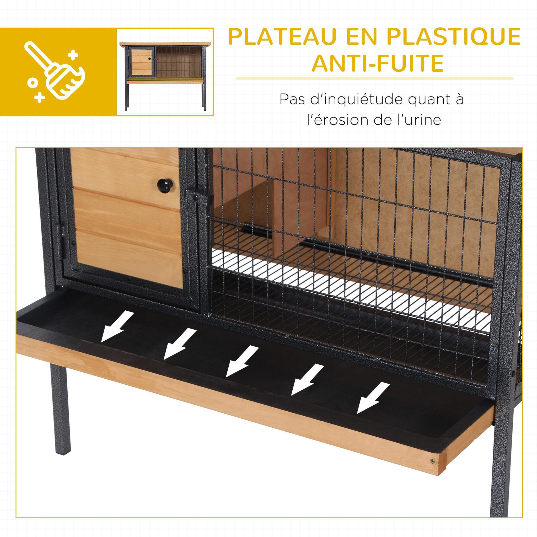 Voir la diapositive 6 : PAWHUT Cage à lapin clapier sur pied - toit ouvrable - dim. 91,5l x 45l x 70h cm - métal époxy bois pré-huilé