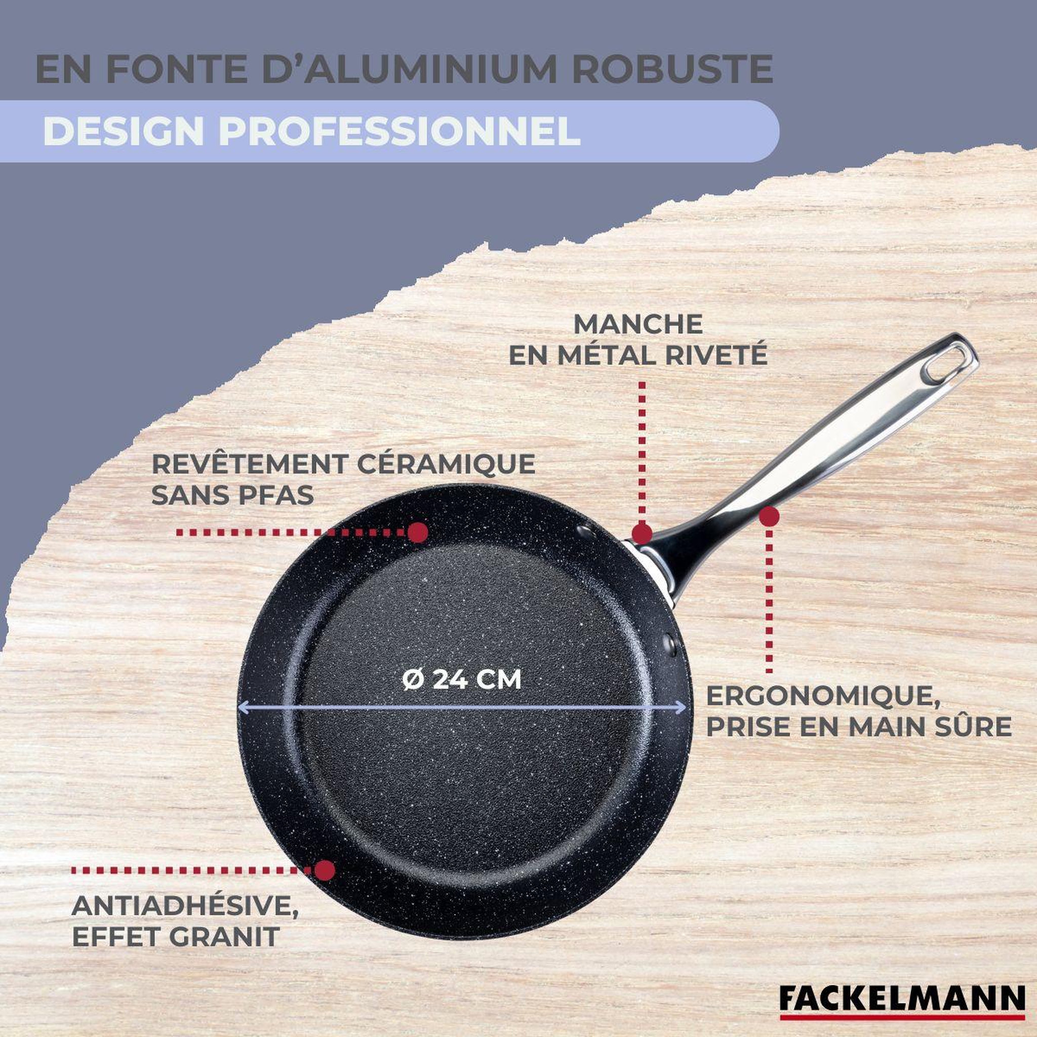 Voir la diapositive 6 : Fackelmann Poêle 24 cm fonte alu revêtement antiadhésif céramique sans PFAS Fackelmann