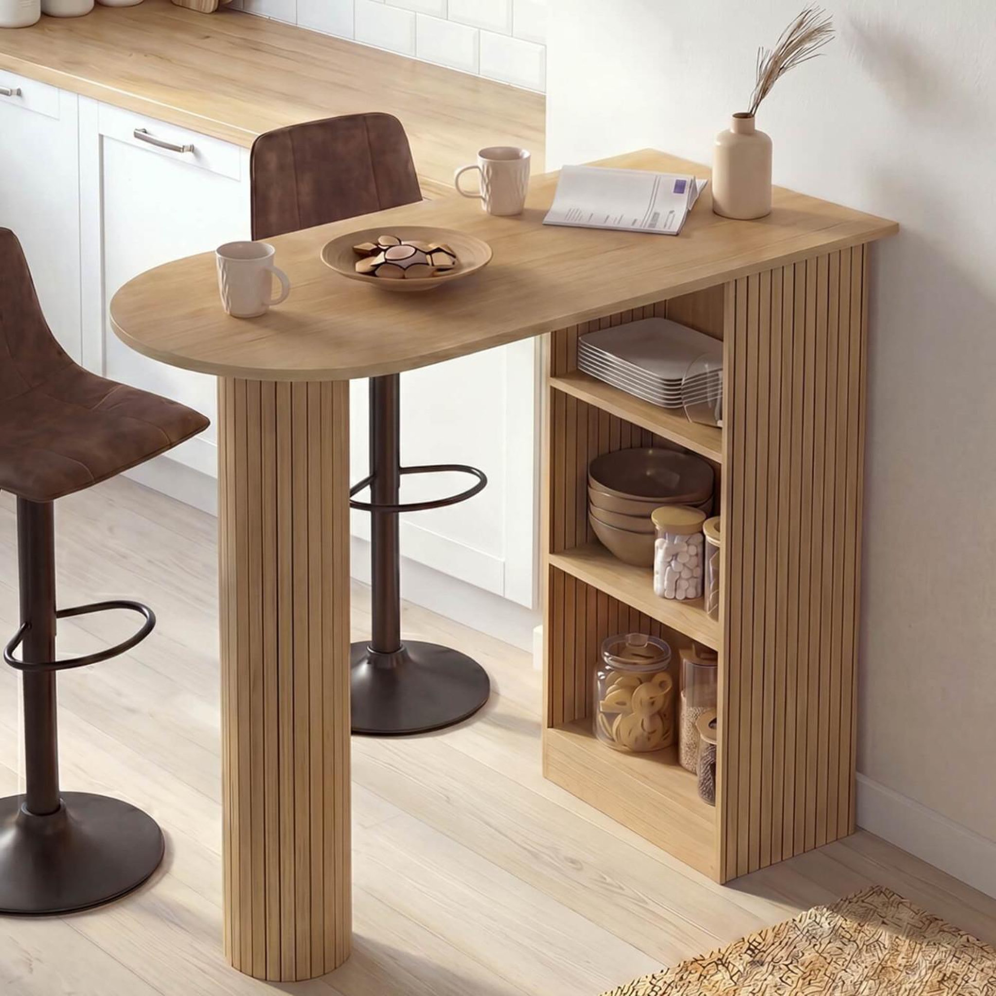Voir la diapositive 2 : ID MARKET Table de bar juliette 2 à 4 personnes effet lattes tasseau bois