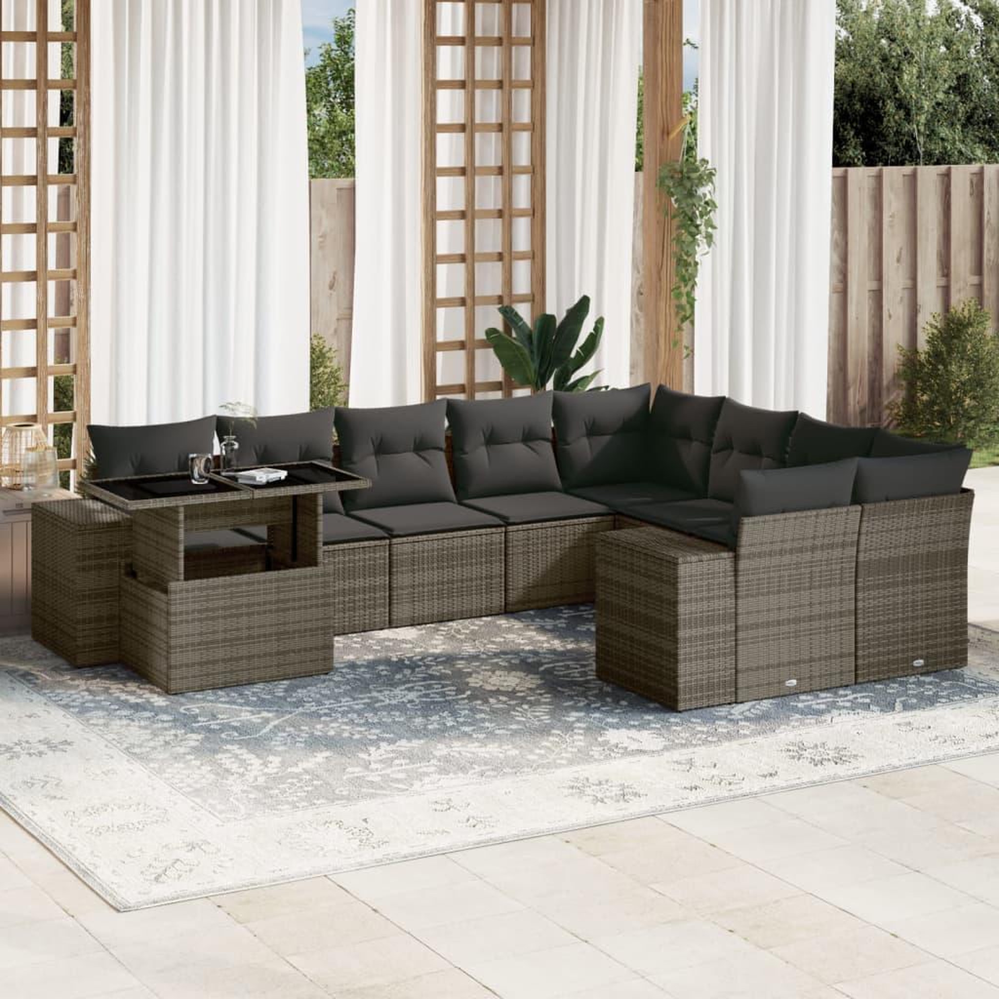 VIDAXL Salon de jardin avec coussins 10 pcs gris resine tressee
