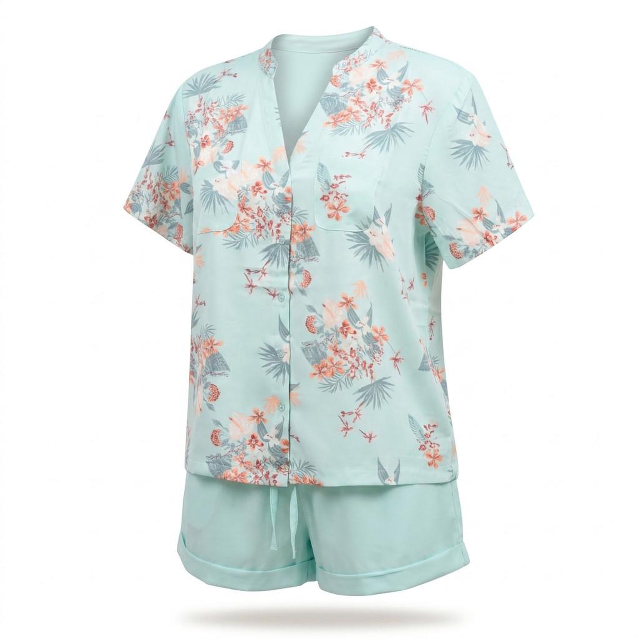 Voir la diapositive 3 : OZABI OZABI Pack 2 Pyjamas Courts Femme, Imprimé Tropical Col V Mao Short Fluide