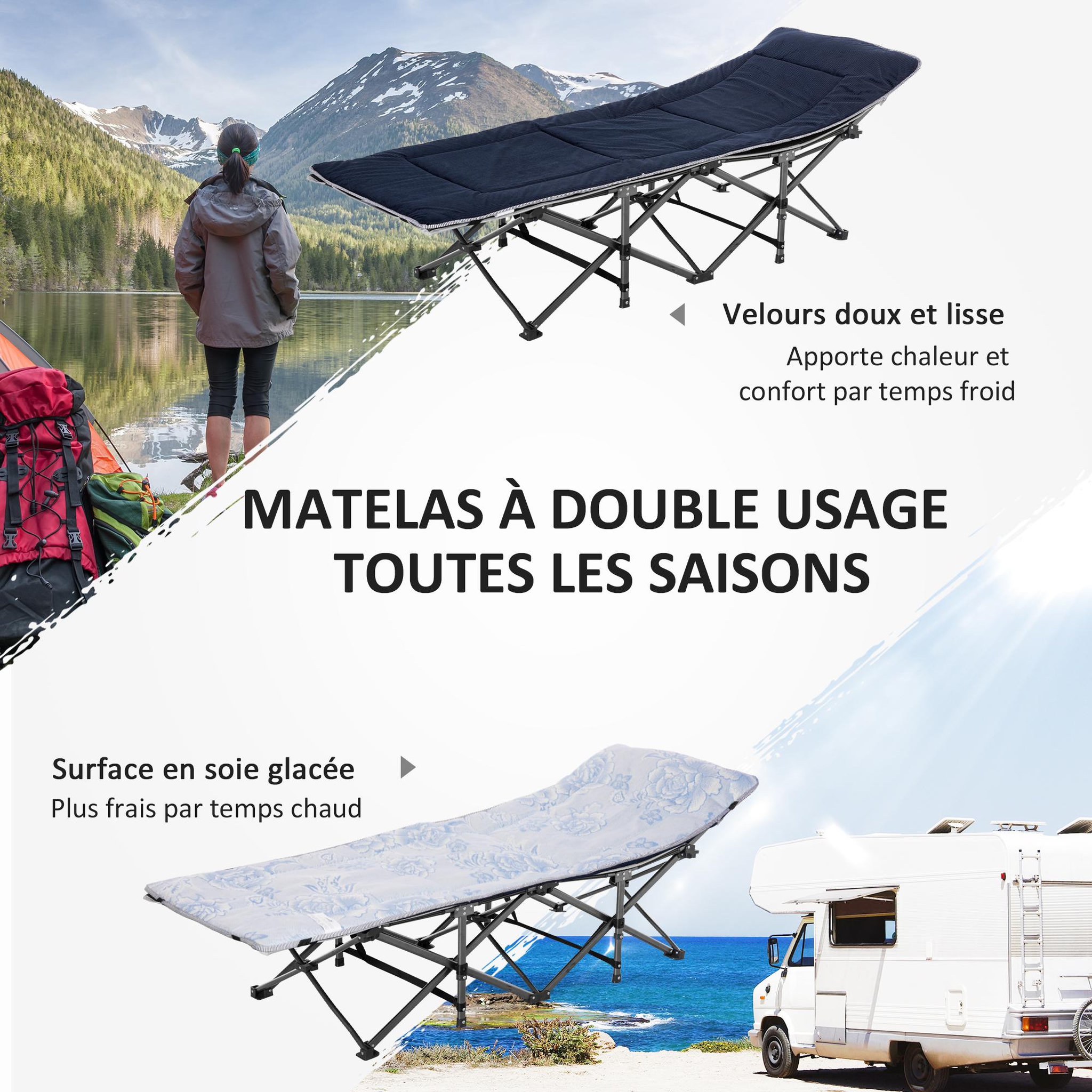 Voir la diapositive 4 : OUTSUNNY Lit de camp lit d'appoint pliable - pochette rangement, tétière, sac de transport, matelas inclus métal Oxford gris bleu