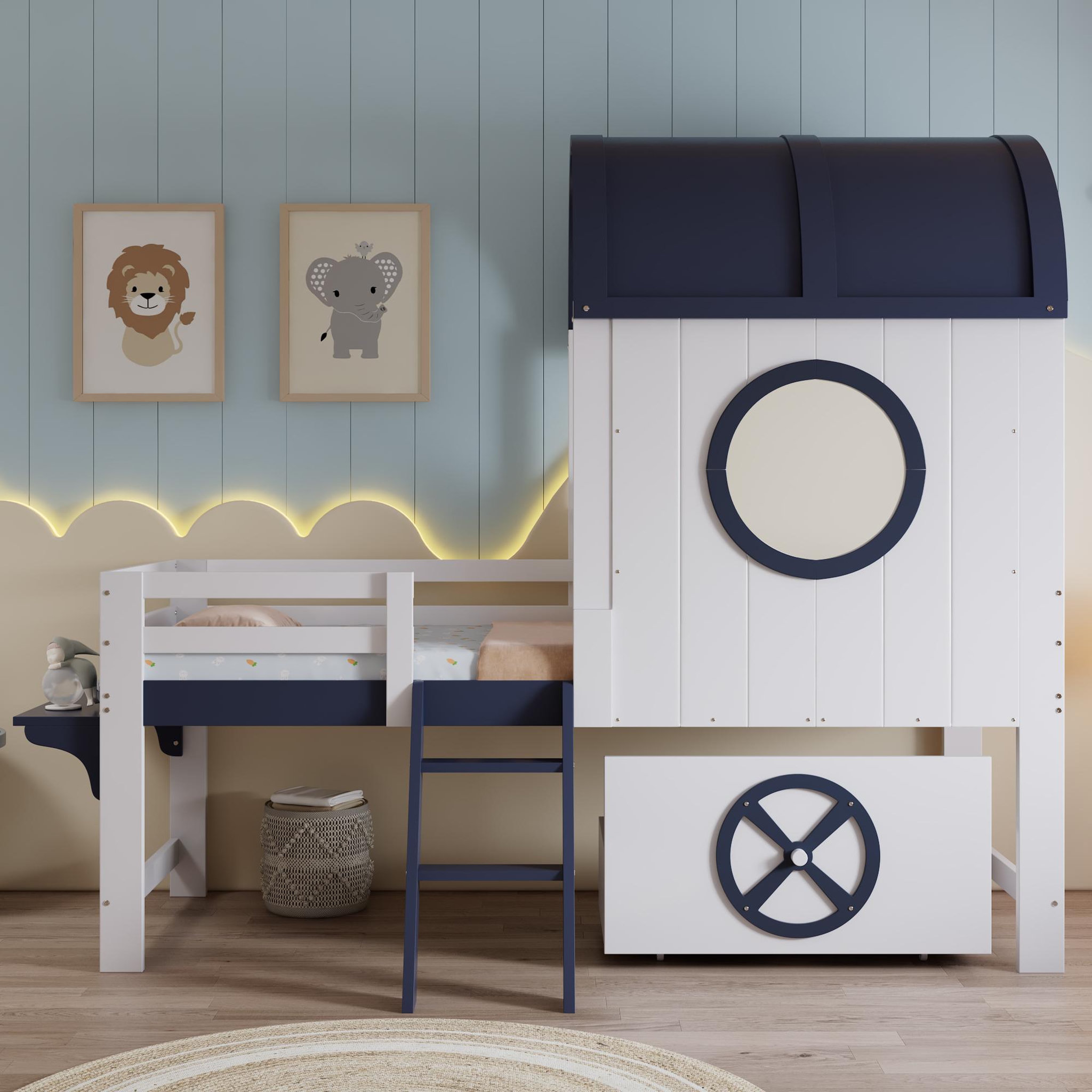 Voir la diapositive 2 : MERAX Lit enfant mi hauteur 90x200cm coloris blanc+bleu pin et mdf