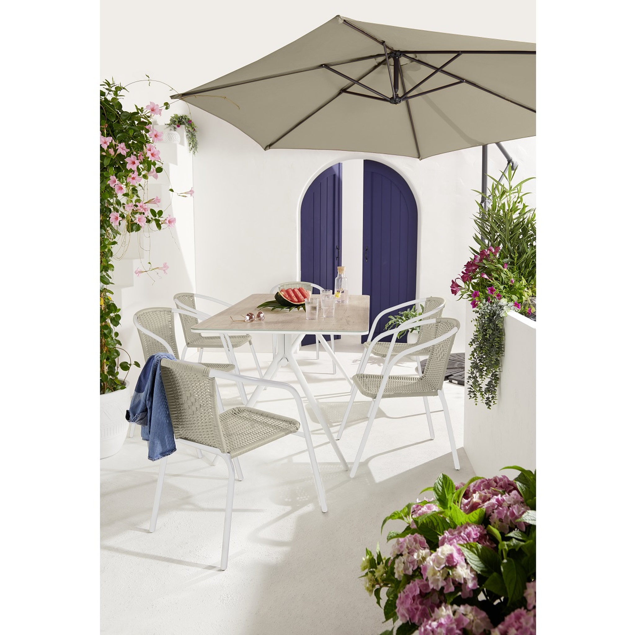 Voir la diapositive 2 : GARDENSTAR Table de jardin rectangulaire - 4/6 places - Acier et plateau imitation bois - ANTIBE V2