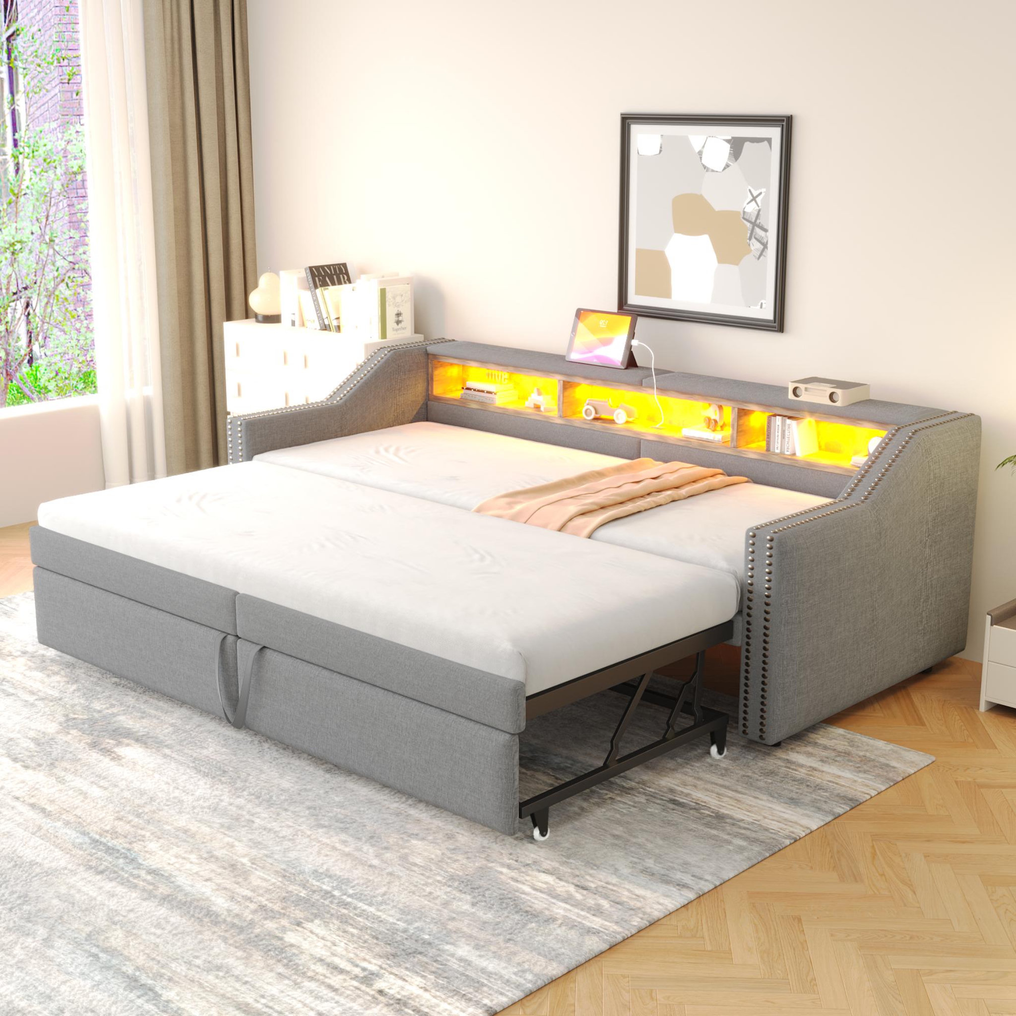 Voir la diapositive 2 : MERAX Lit banquette gigogne rembourré 90x200cm