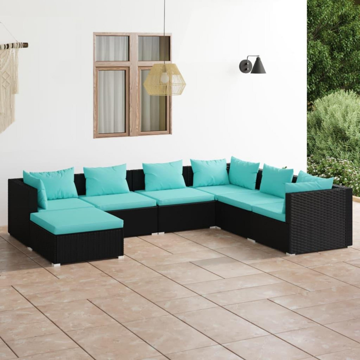 VIDAXL Salon de jardin 7 pcs avec coussins Resine tressee Noir