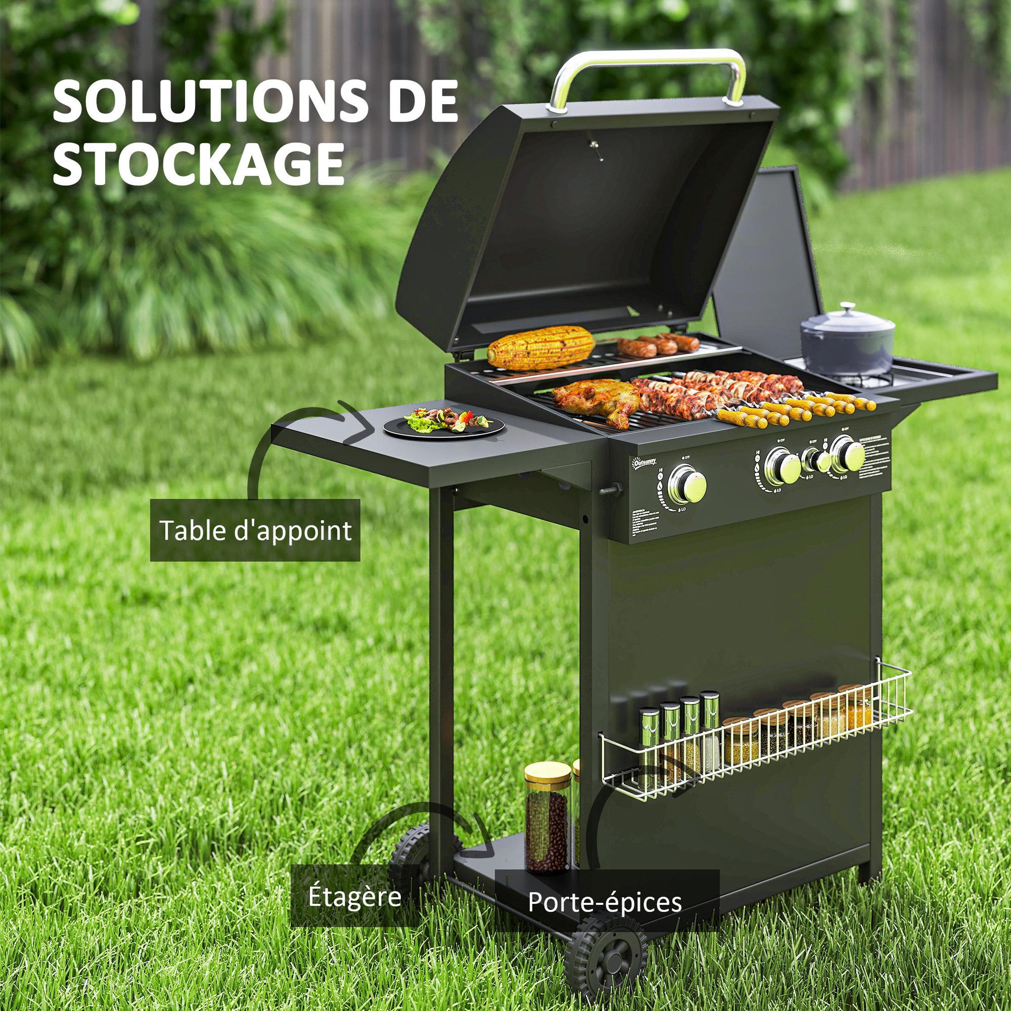 Voir la diapositive 4 : OUTSUNNY Barbecue gaz 3+1 brûleurs avec couvercle 2 roues - 9,5 kW - 2 grilles chromées, étagères latérales, thermomètre - noir