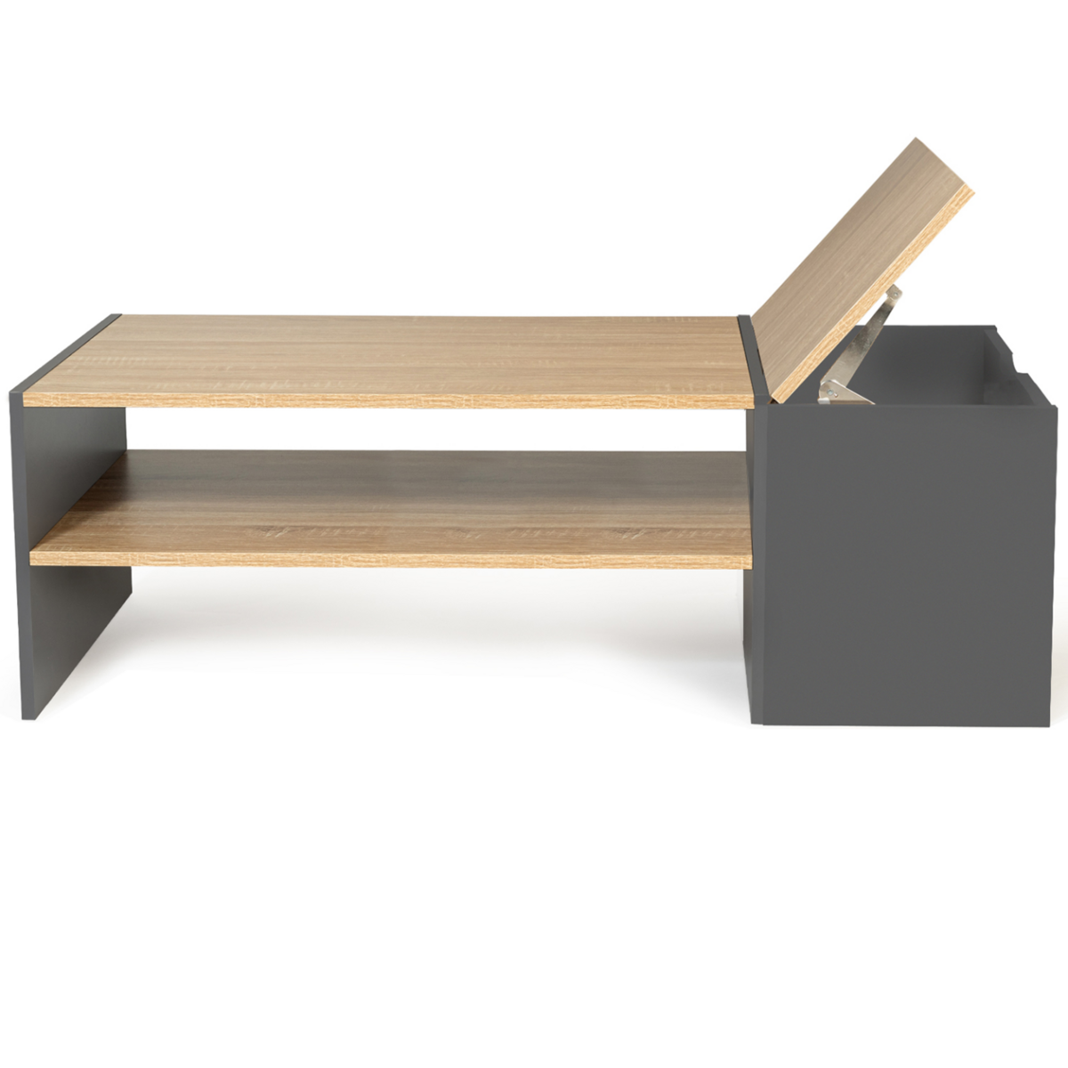 ID MARKET Table basse bar contemporaine rectangulaire IZIA avec coffre gris et plateaux bois