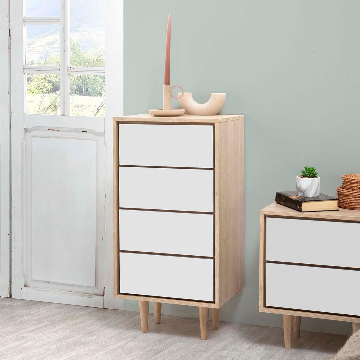 VS VENTA-STOCK Chiffonnier Denia 4 tiroirs Chêne/Blanc, 45 cm Largeur