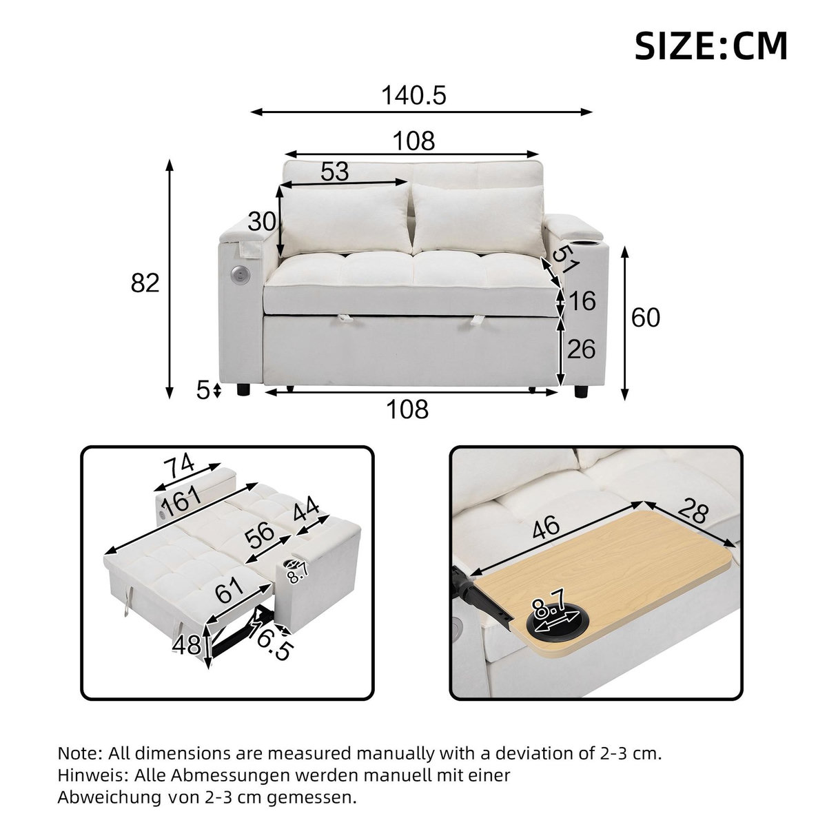 MERAX Canapé droit convertible 2 places tissu