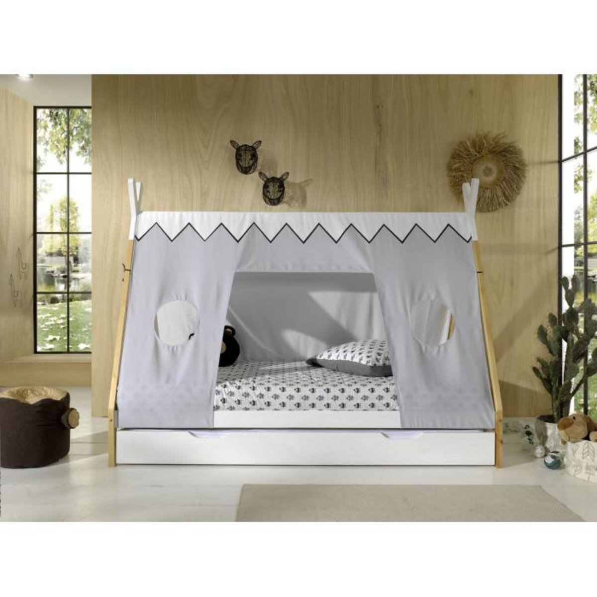 Paris Prix Pack - Lit Enfant, Tiroir & Voile  Tipi  90x200cm Blanc