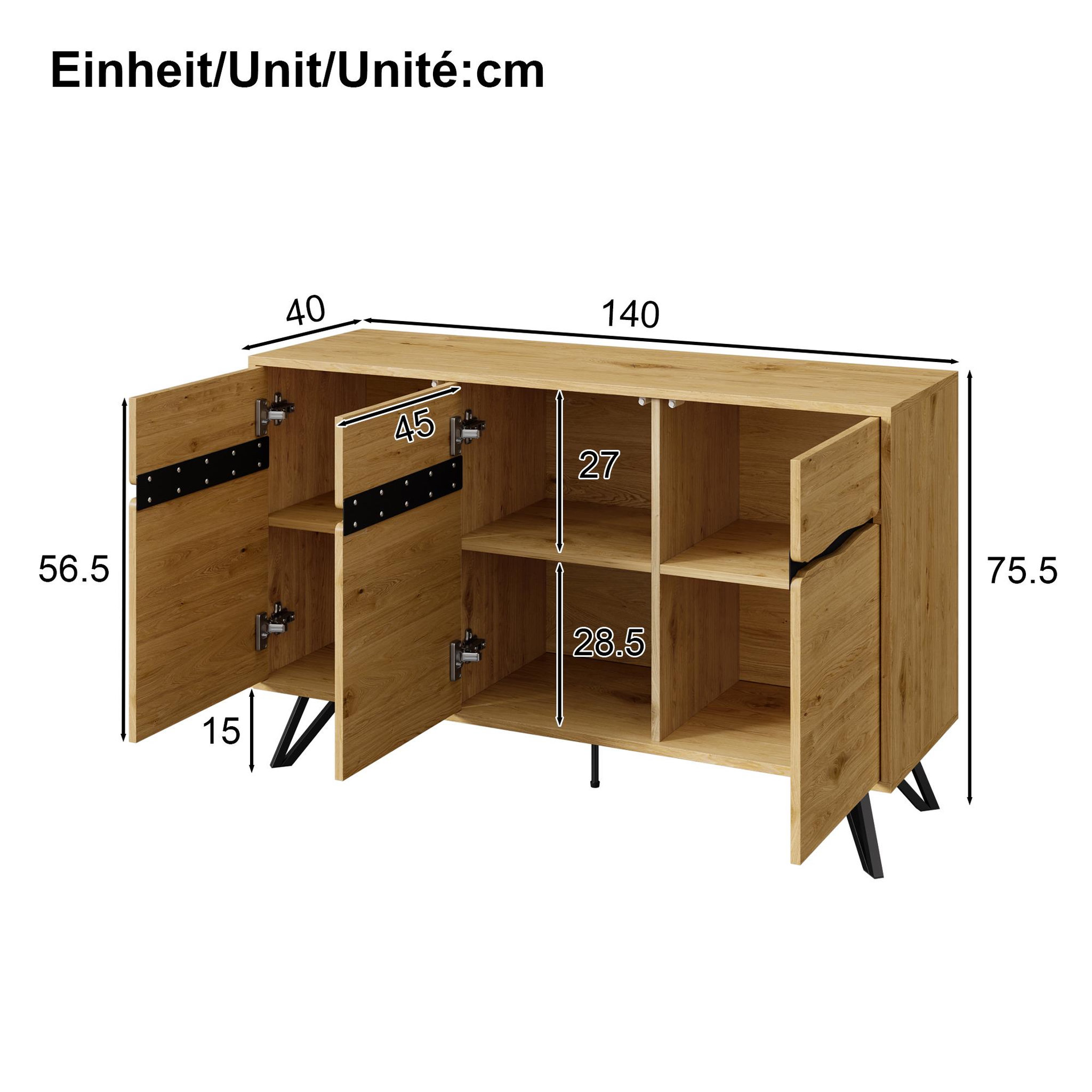 Voir la diapositive 3 : MERAX Buffet 3 porte(s) 0 tiroir(s) - 140 cm naturel+noir panneau de particules
