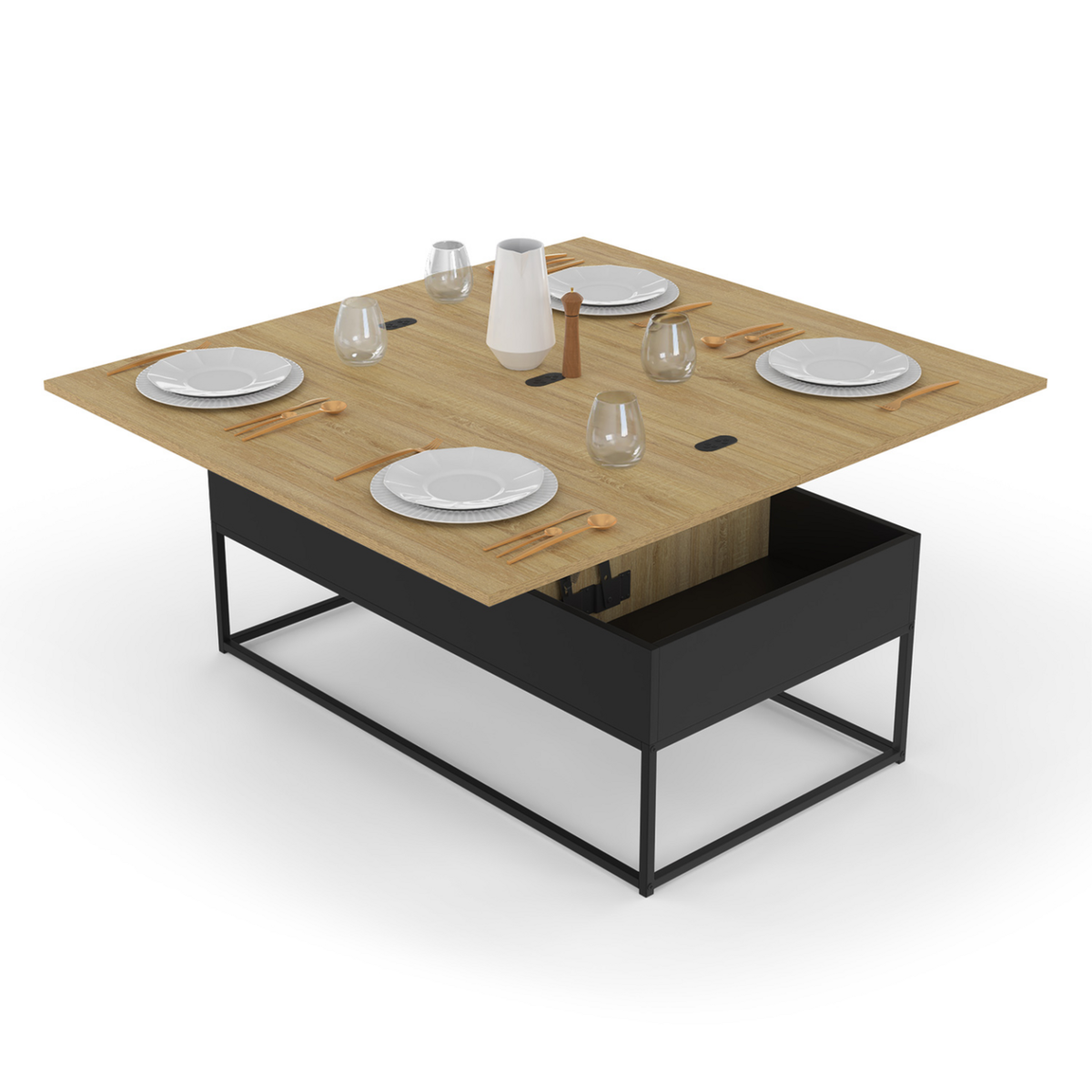 ID MARKET Table basse rectangulaire relevable convertible en table à manger BOSTON design industriel