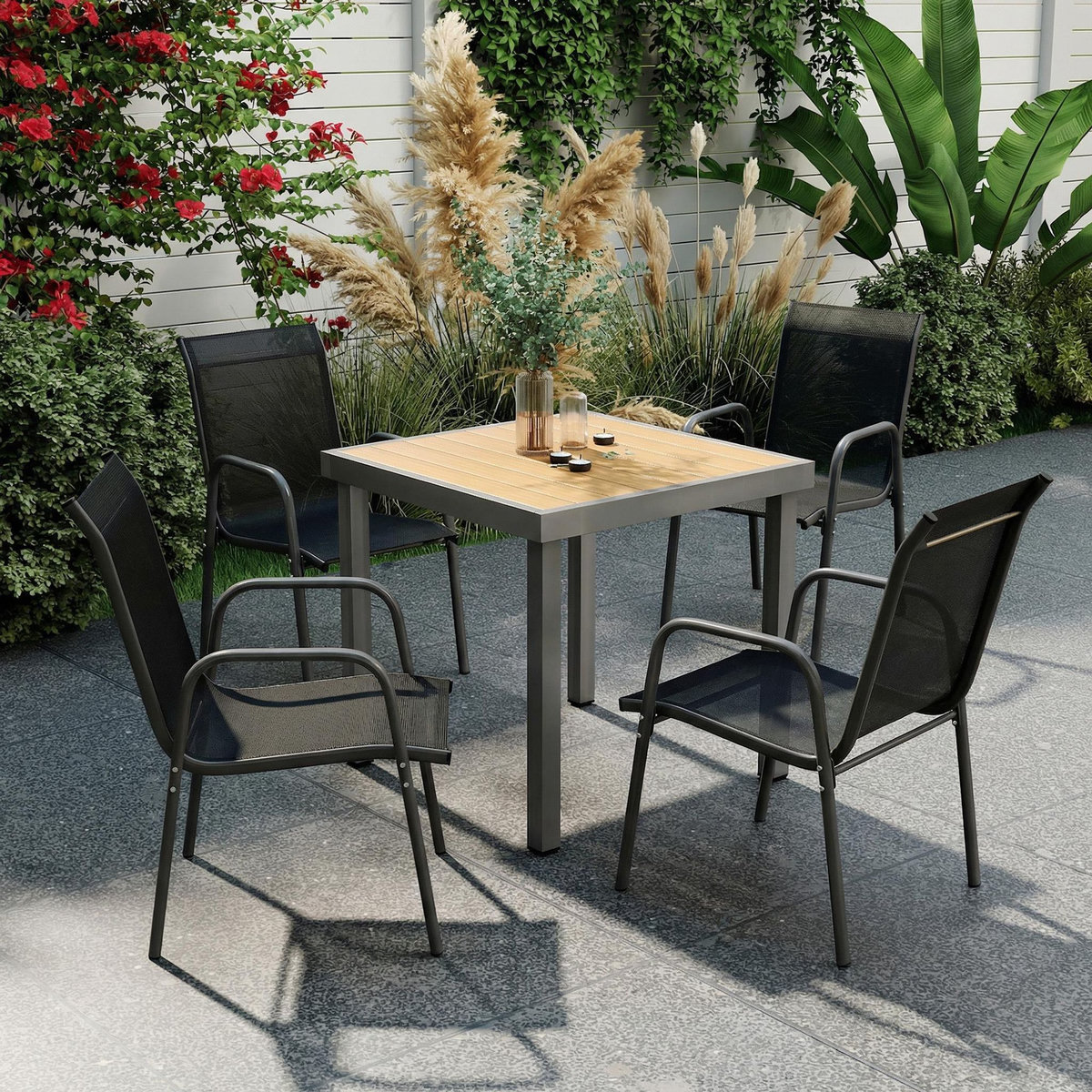 OUTSUNNY Lot de 4 chaises de jardin empilables métal textilène noir