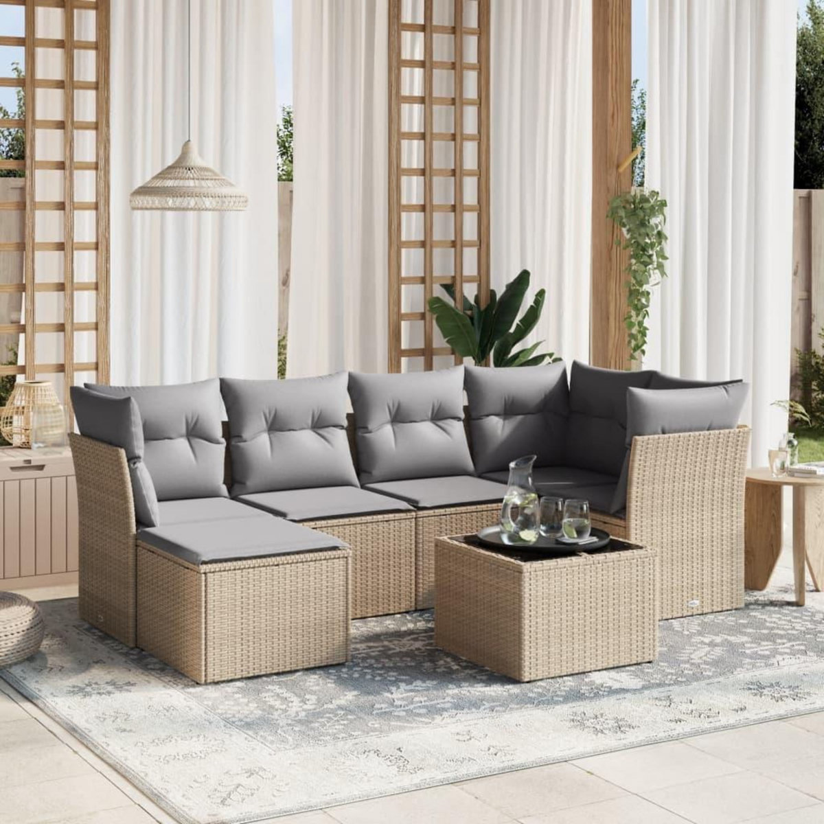 VIDAXL Salon de jardin avec coussins 7pcs melange beige resine tressee