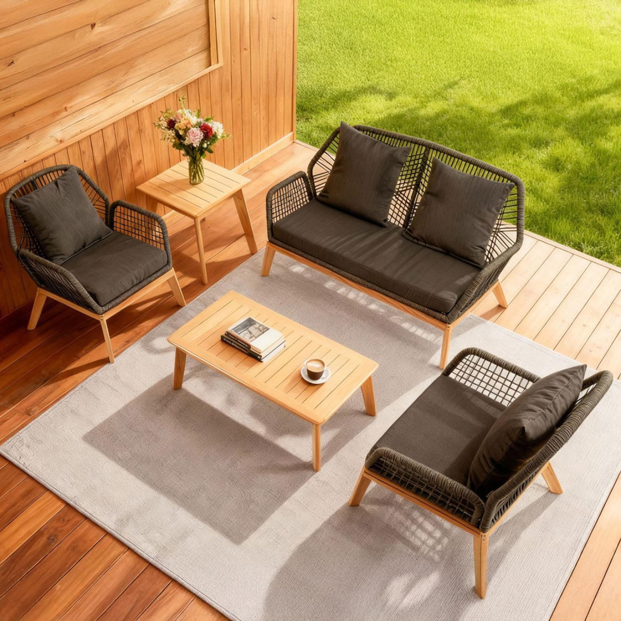Voir la diapositive 6 : CONCEPT USINE Salon de jardin 4 places en bois avec 2 tables gris anthracite et bois rosario